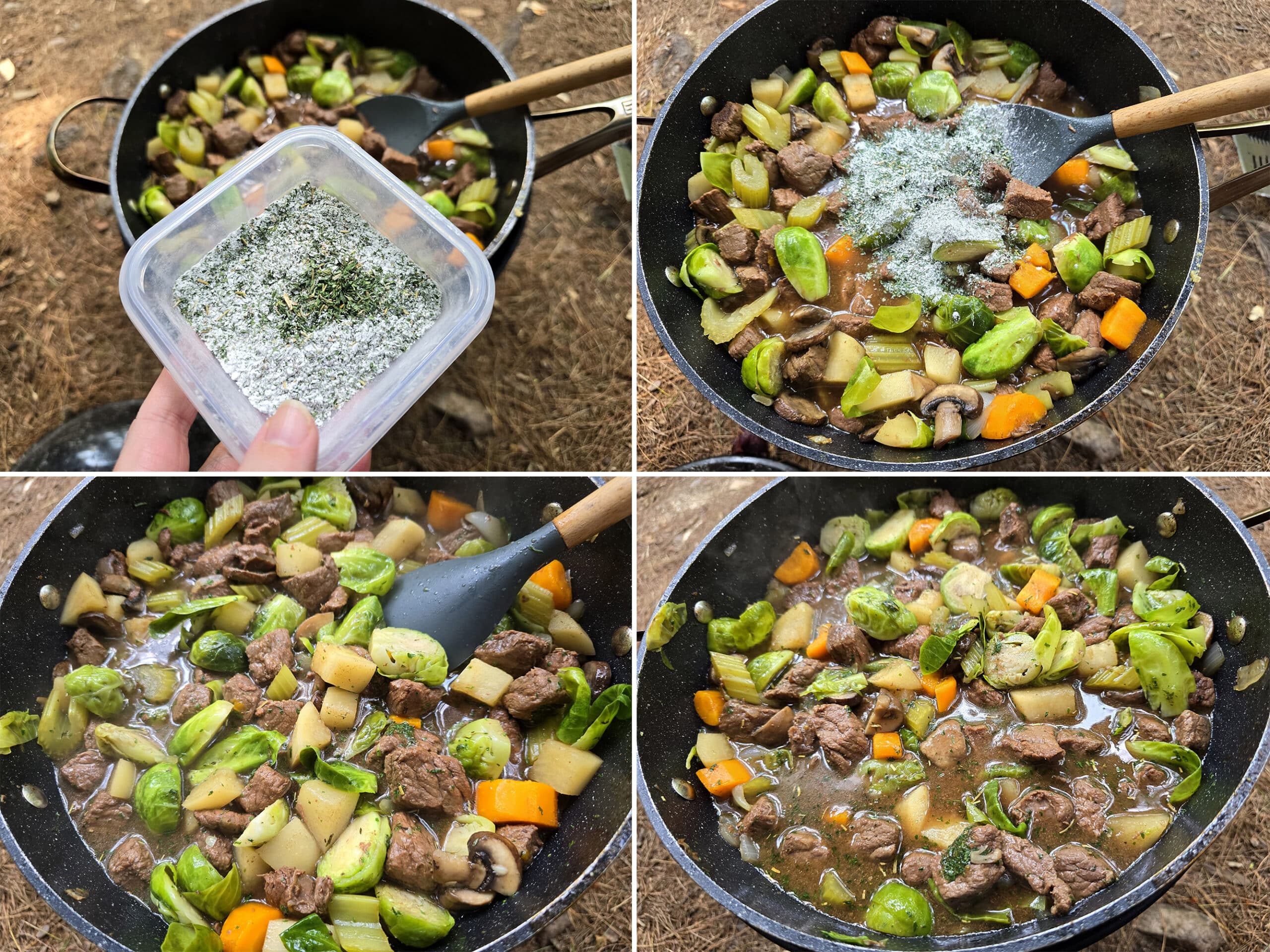 4 part image showing the herb and starch mixture being stirred into the campfire stew, and simmered til thick.