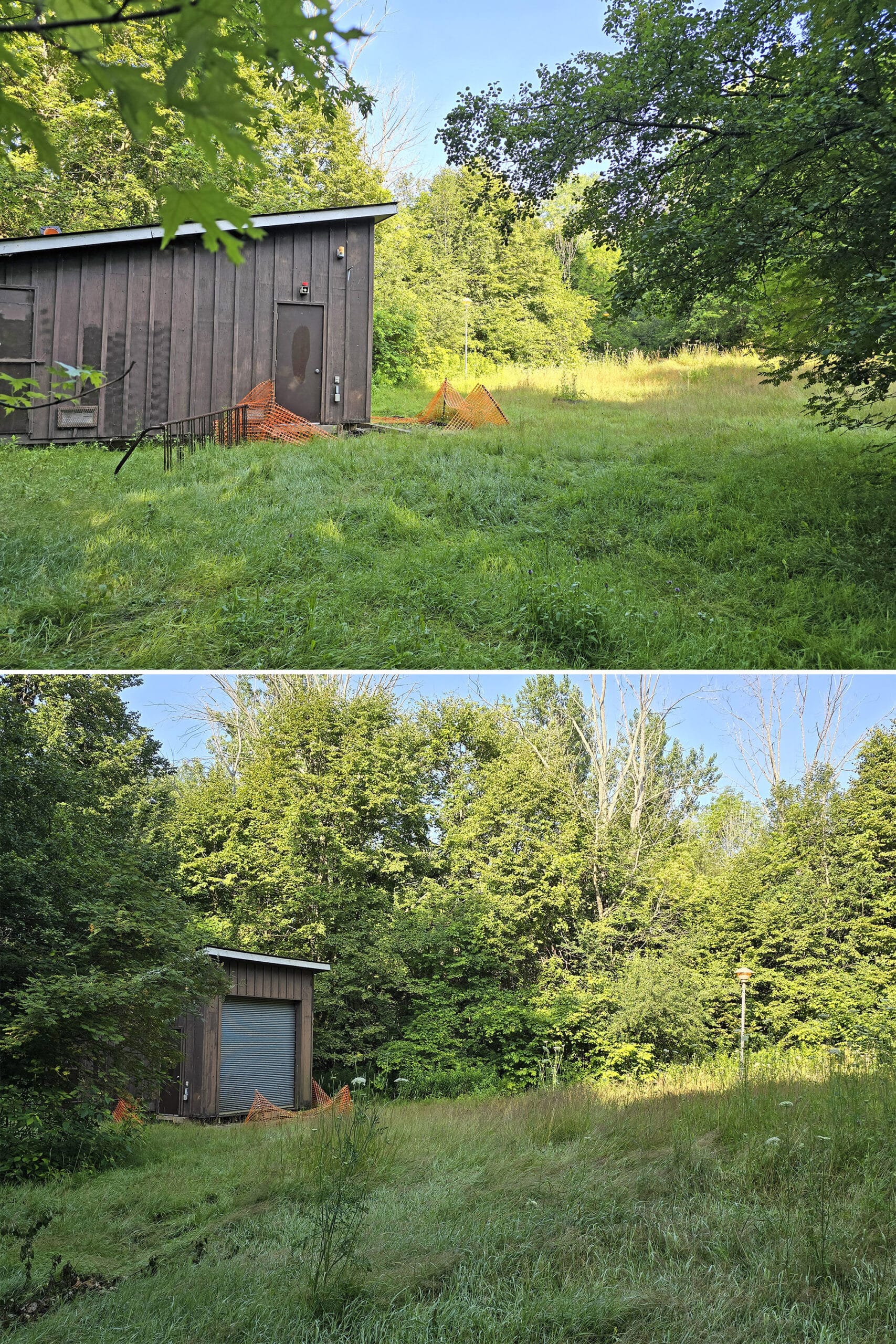 2 part image showing different views of an abandoned amphitheatre.