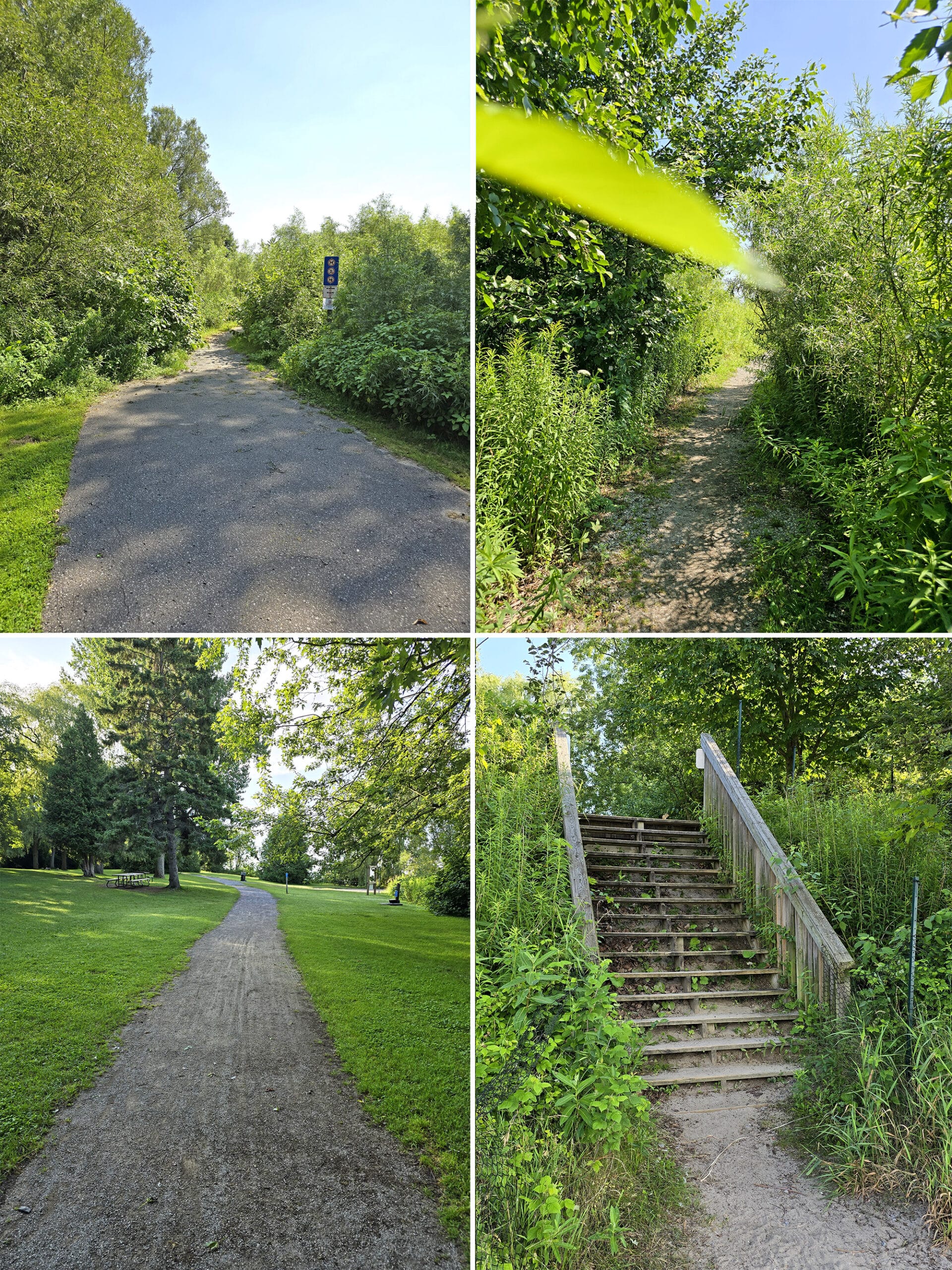 4 part image showing various views along the day use trail at Darlington Provincial park.