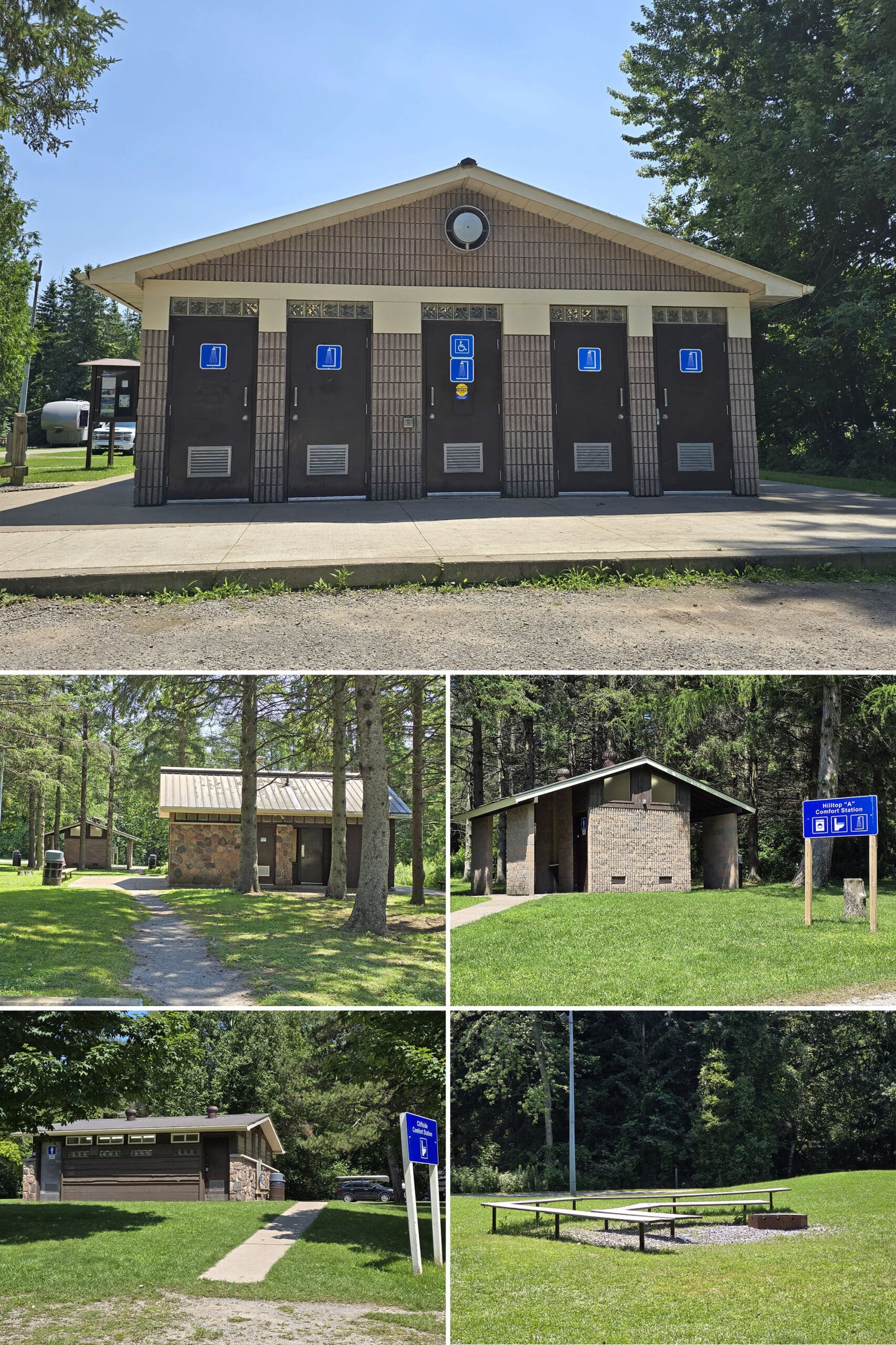 5 part image showing various darlington provincial park comfort stations.