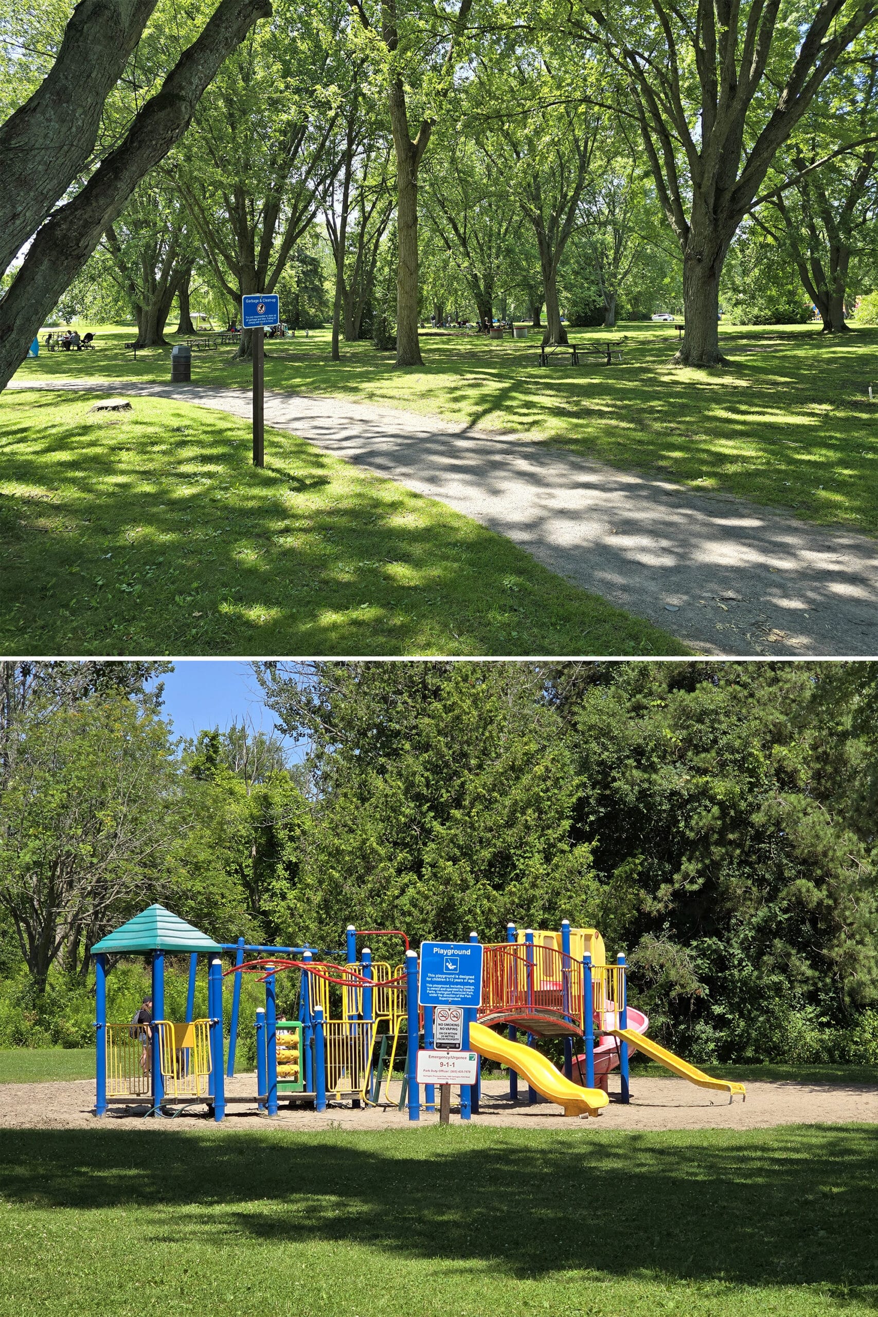 2 part image showing the playground and picnic area at Darlington provincial park.