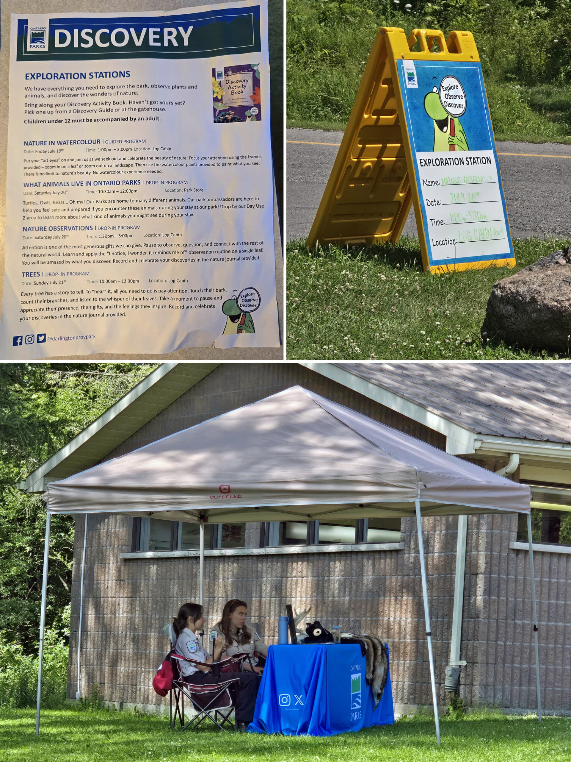 3 part image showing the calendar of discovery programming, a road sign about it, and a small tent with park employees running  a program.