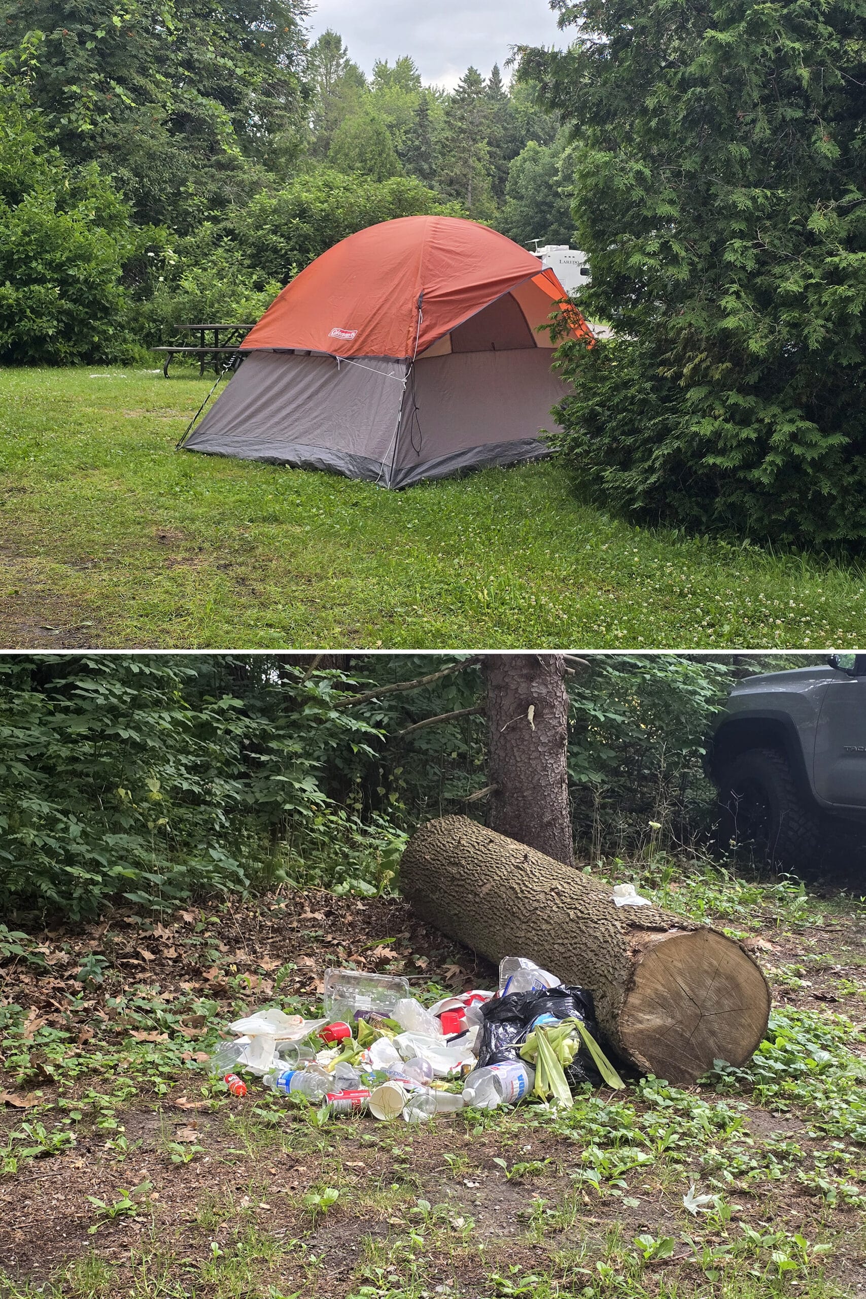 2 part image showing a tent on a campsite, and a pile of garbage on another site.