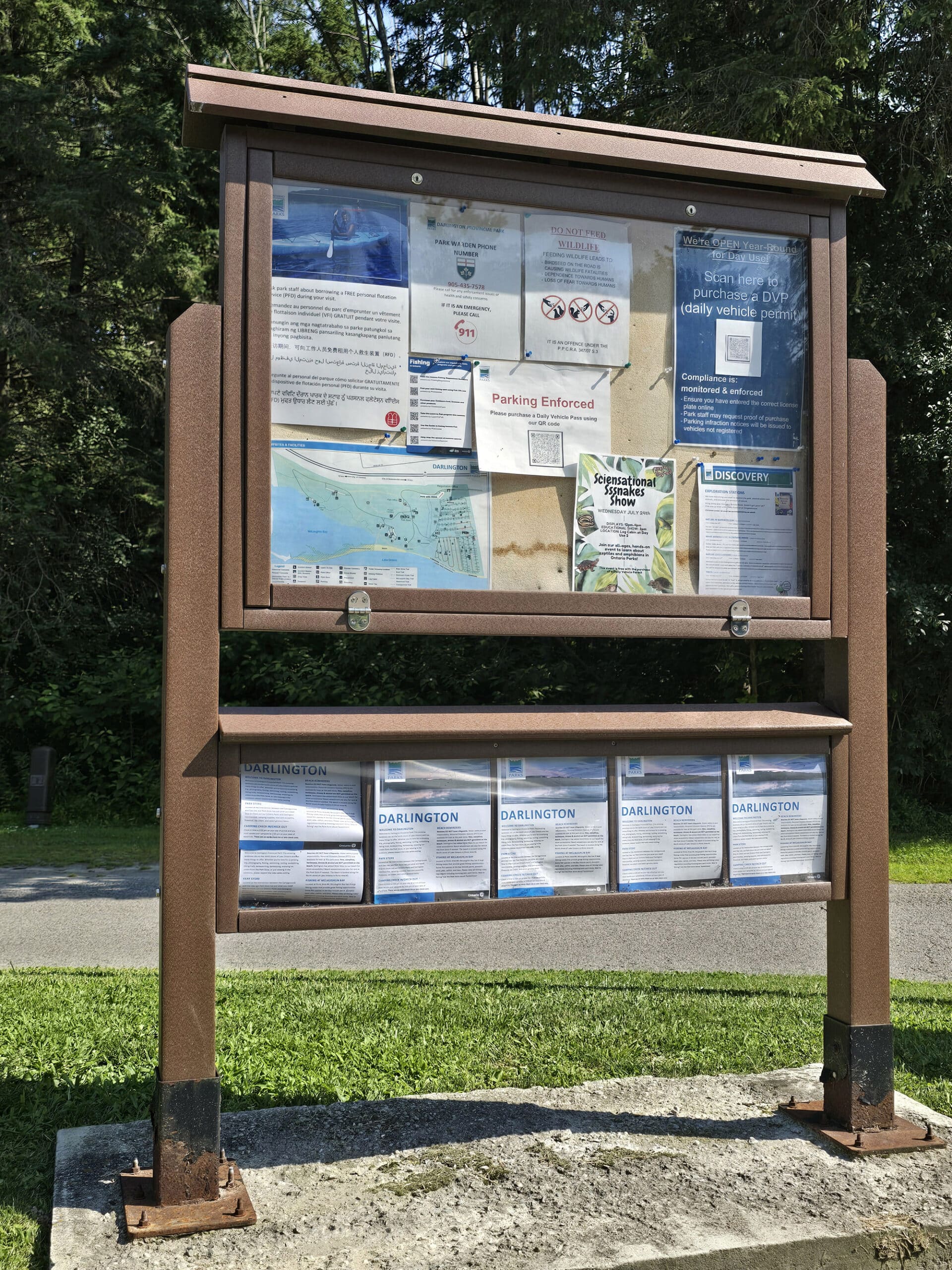 A campground information board.