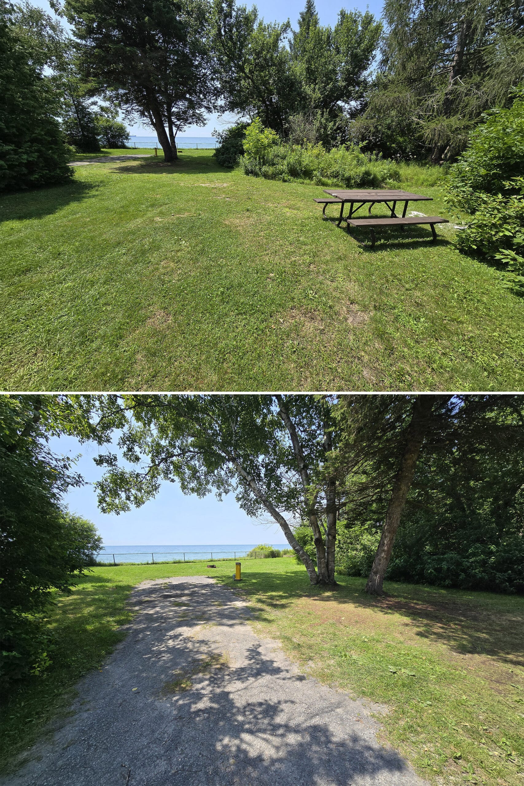 2 part image showing a grassy large campsite with lake ontario visible in the back.