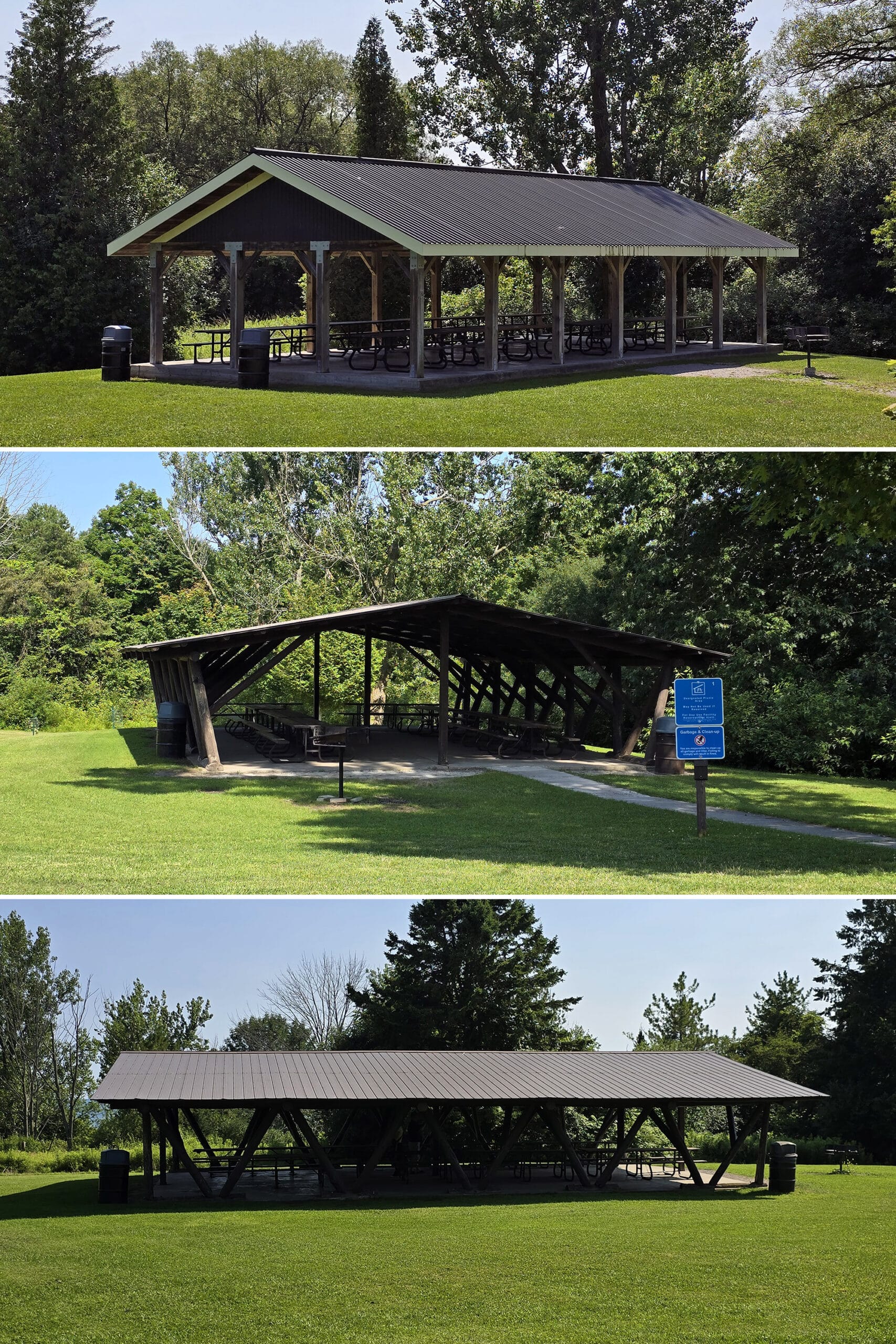 3 part image showing different picnic shelters.