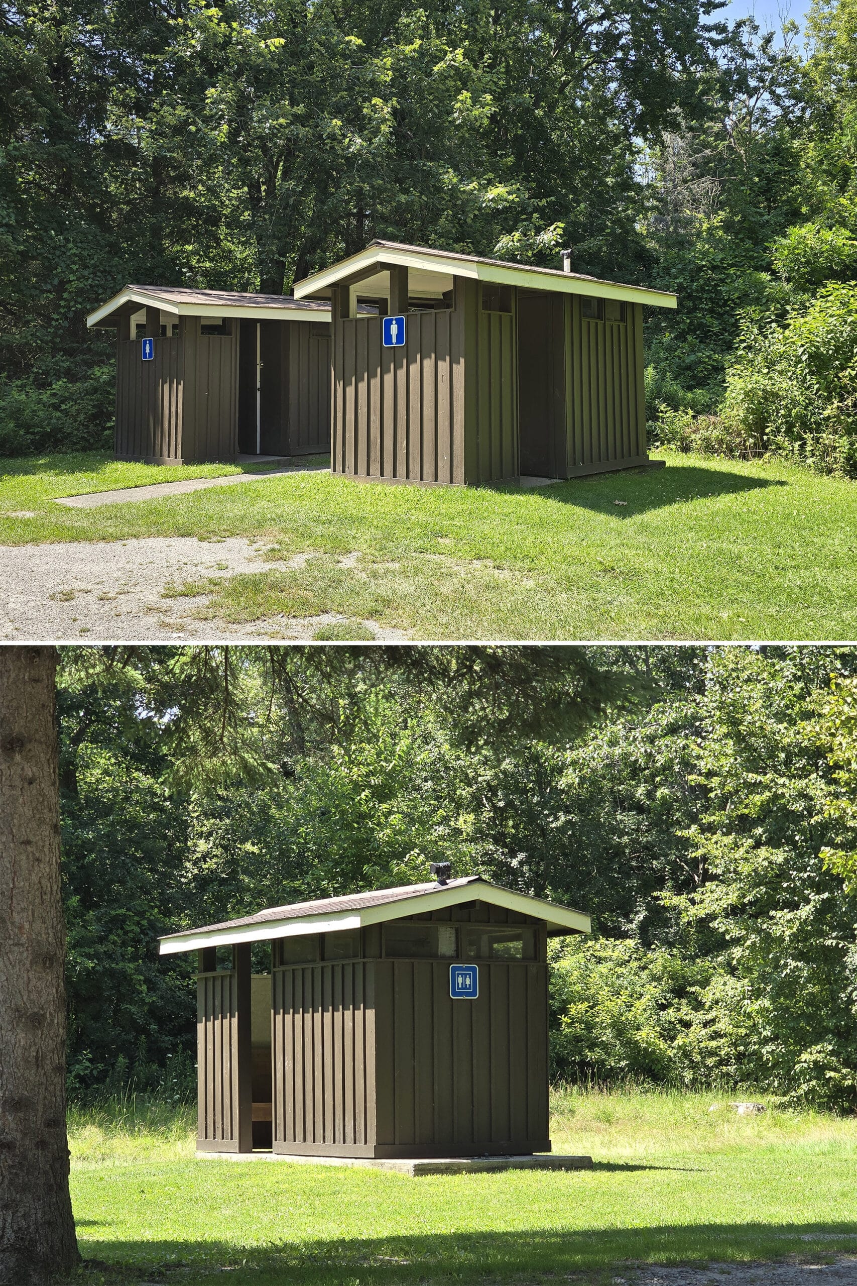 2 part image showing vault toilets.