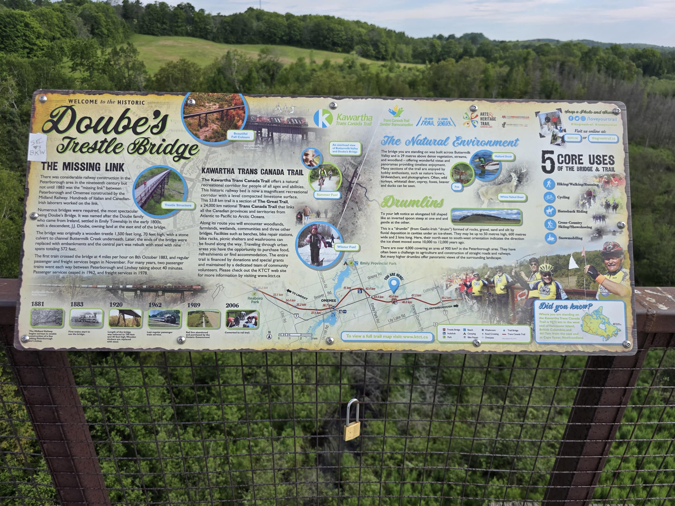 A sign on the side of Doube’s Trestle bridge, with info about the bridge history.