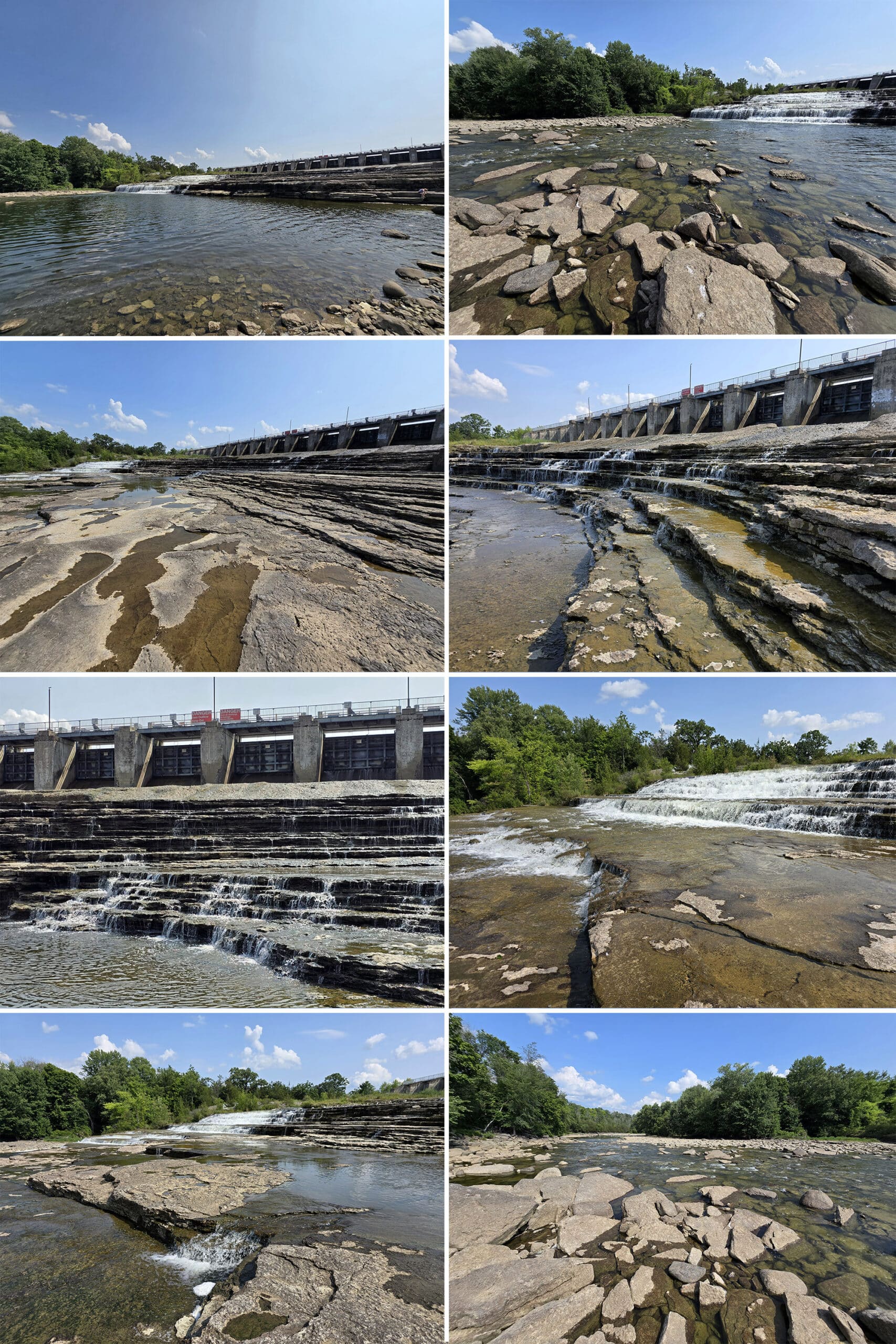 8 part image showing various views of the healey falls waterfall at low flow.