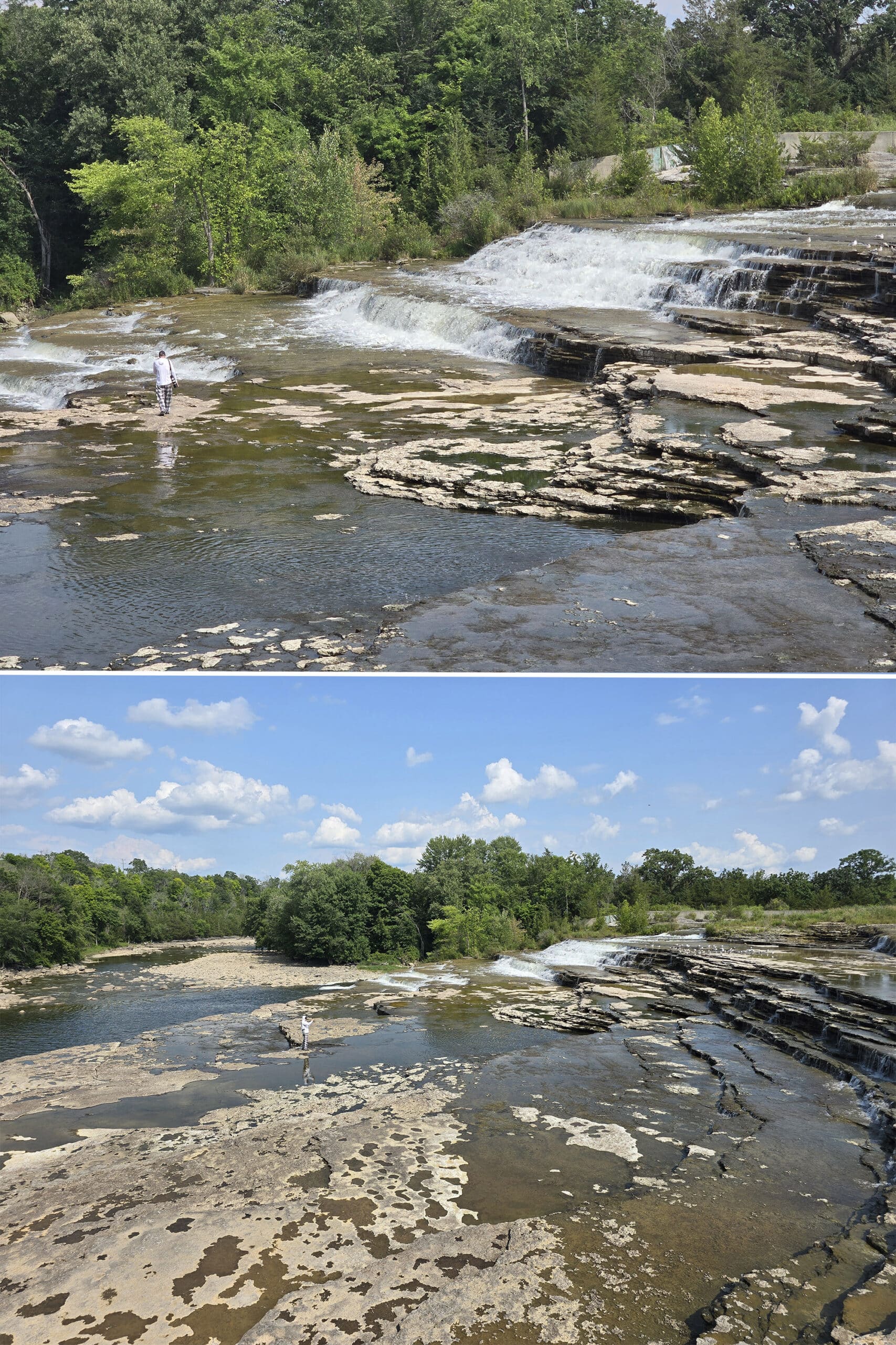 2 part image showing various views of healey falls at low flow.