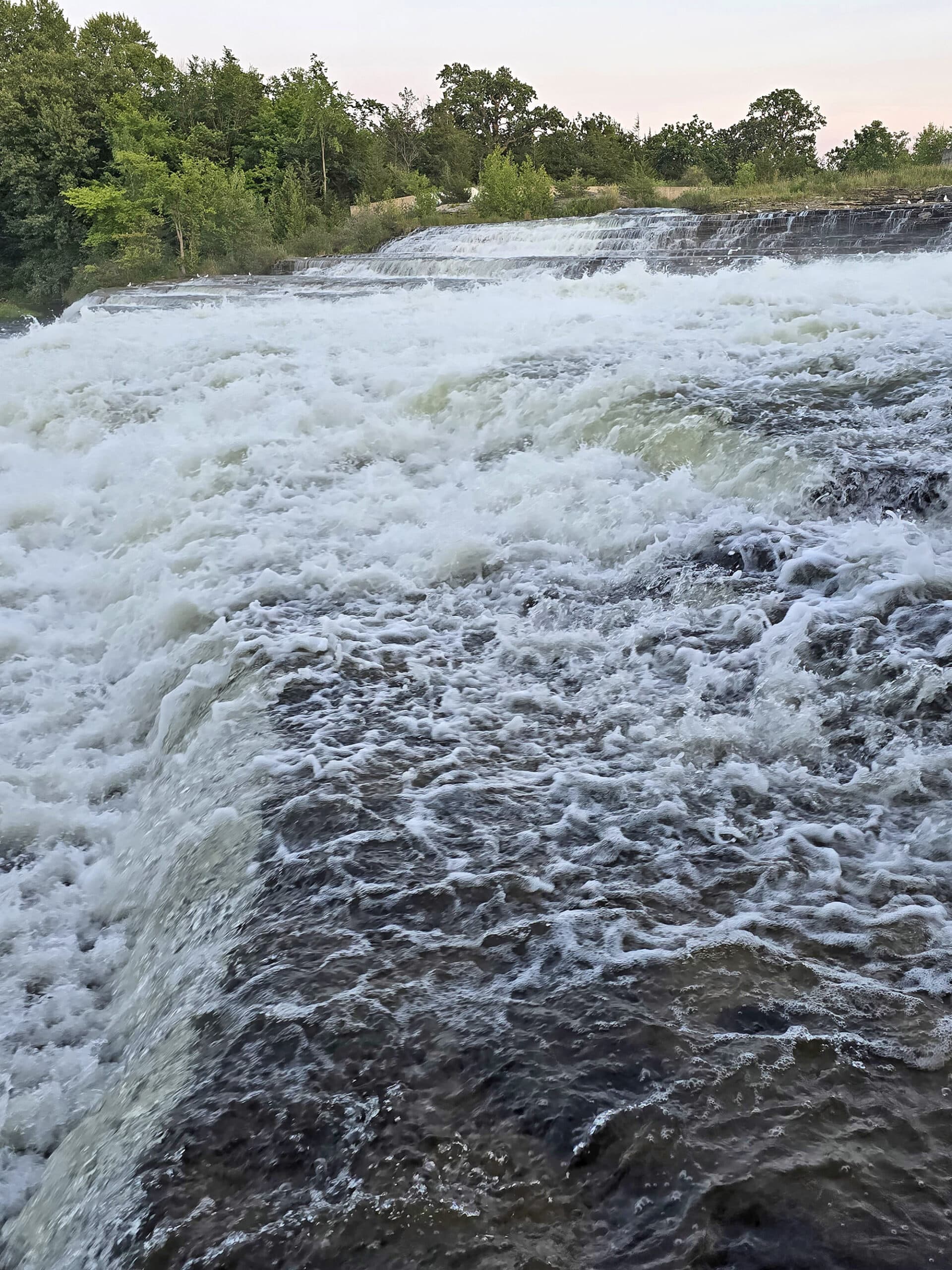 A close up view of healey falls at high flow.