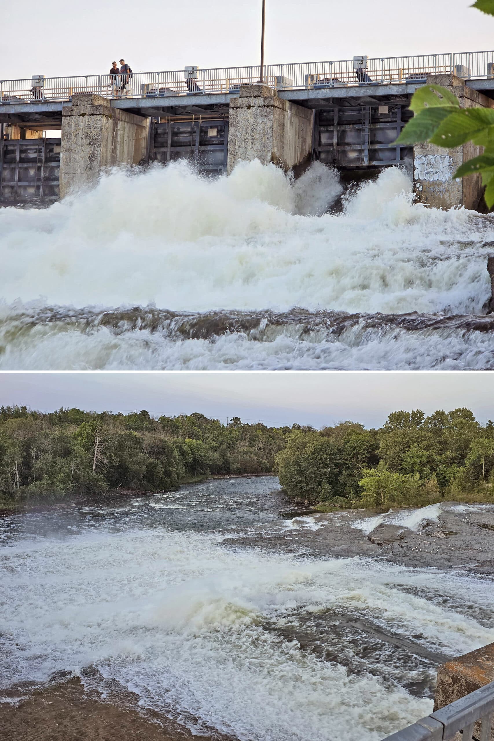 2 part image showing different views of and from the healey waterfall dam at high flow.