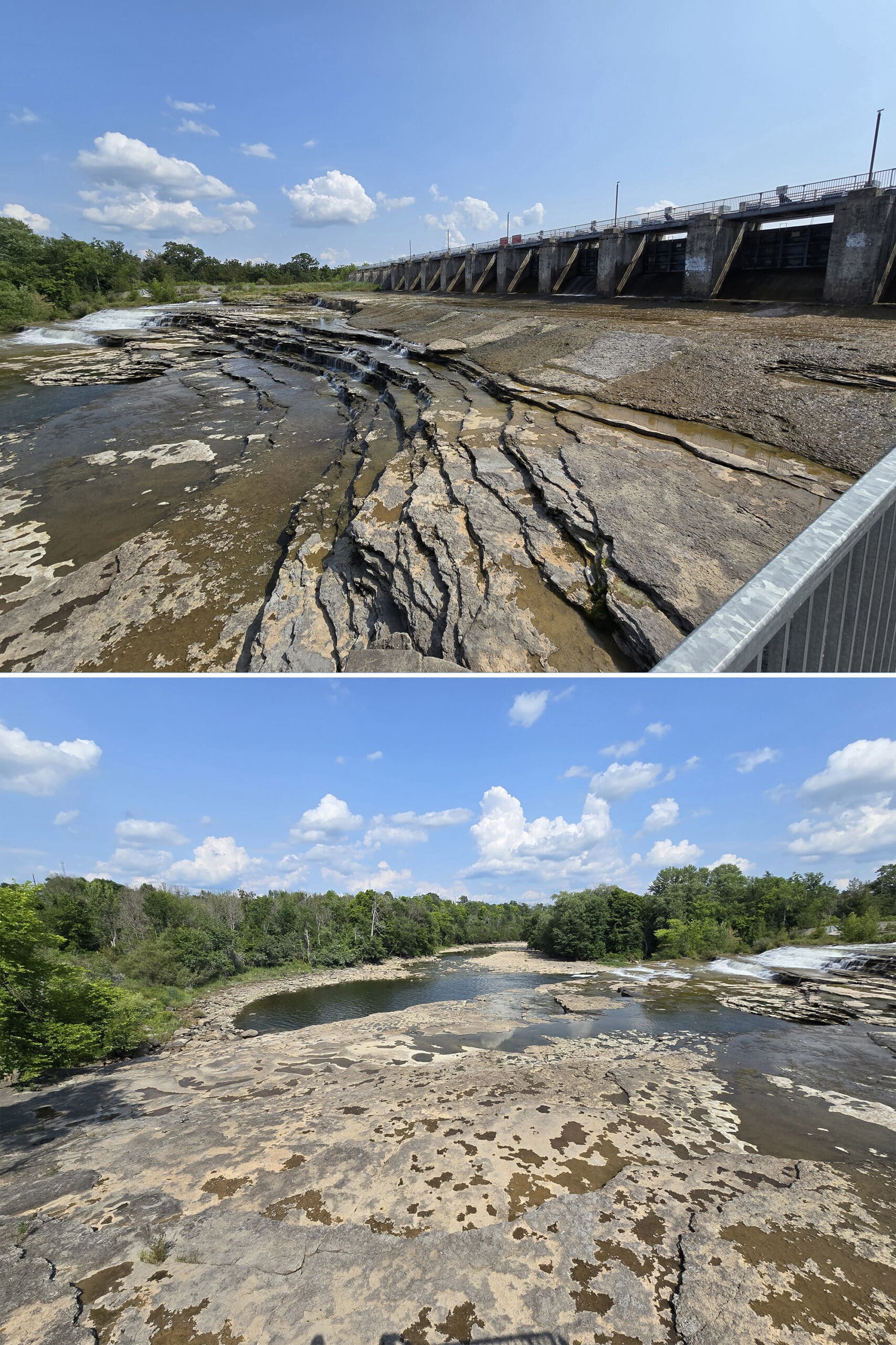 2 part image showing healey waterfall and dam at low flow.