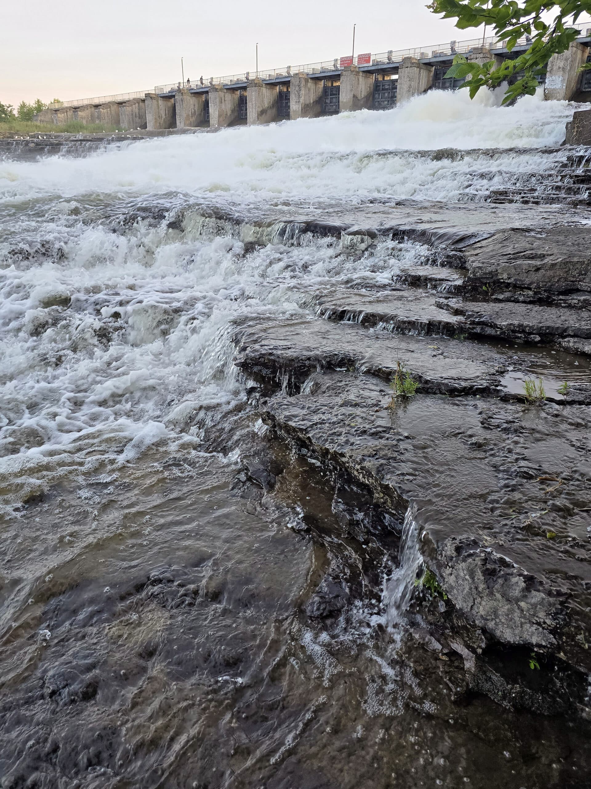 Healey Falls Waterfall and dam and high flow.