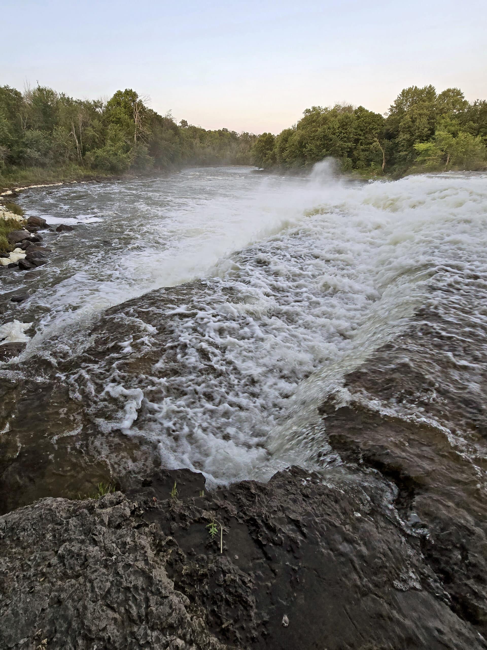 Healey Falls Waterfall and dam and high flow.