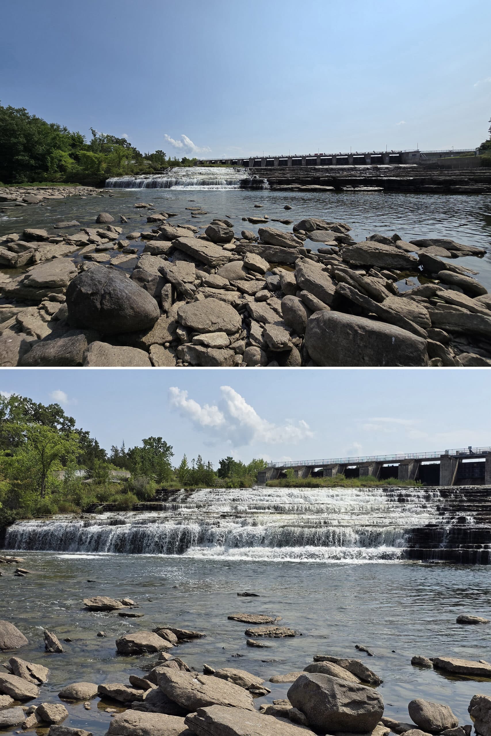 2 part image showing healey cascade waterfall at low flow.