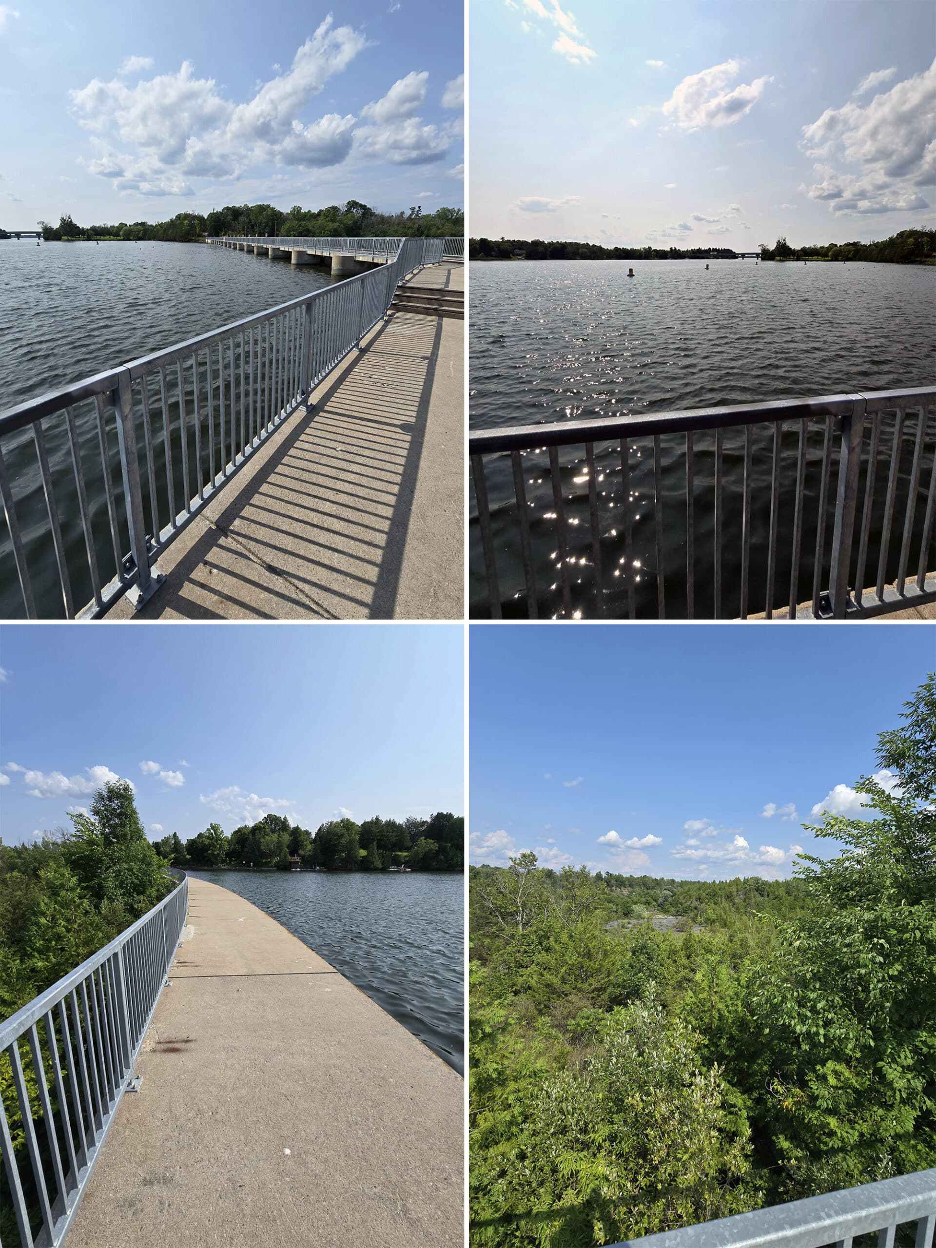 4 part image showing several views of the trail going across the top of the healey falls dam.