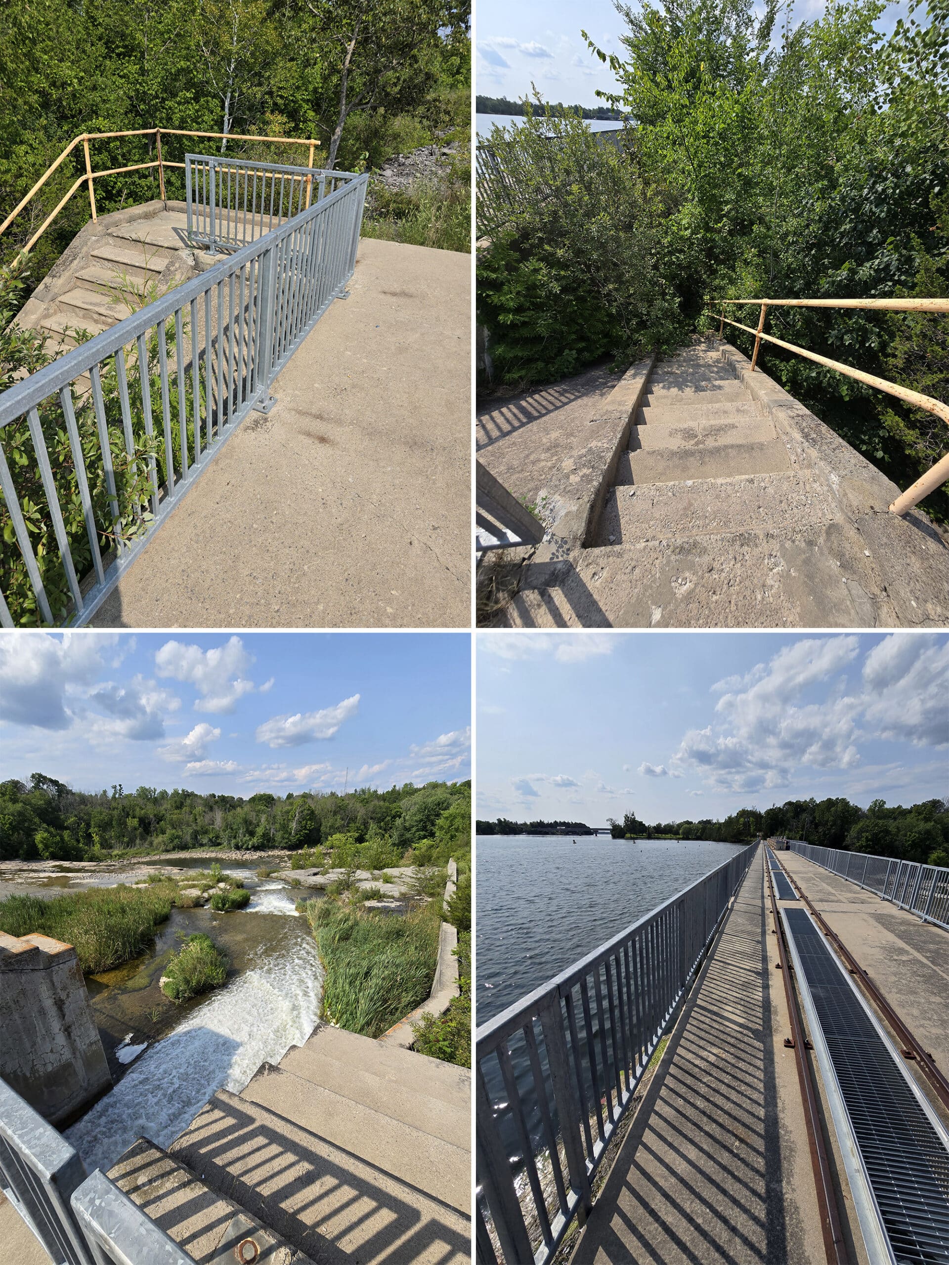 4 part image showing several views of the trail going across the top of the healey falls dam.