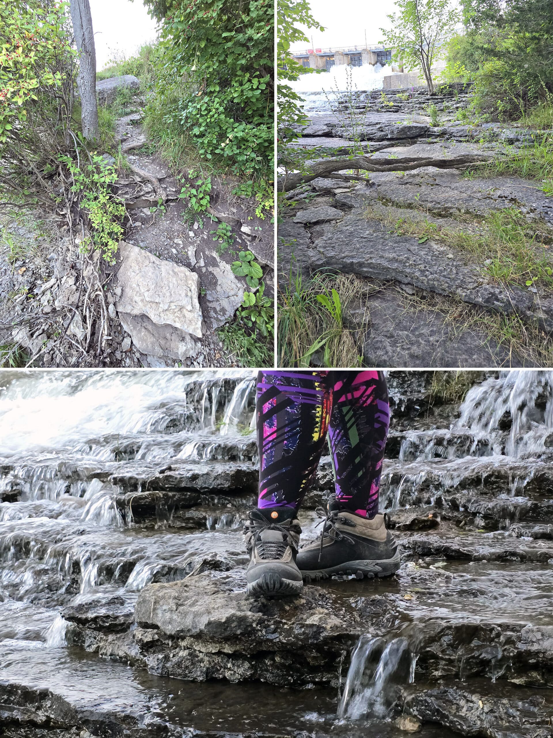 3 part image showing various views of the bottom of Healey Falls, at high flow.