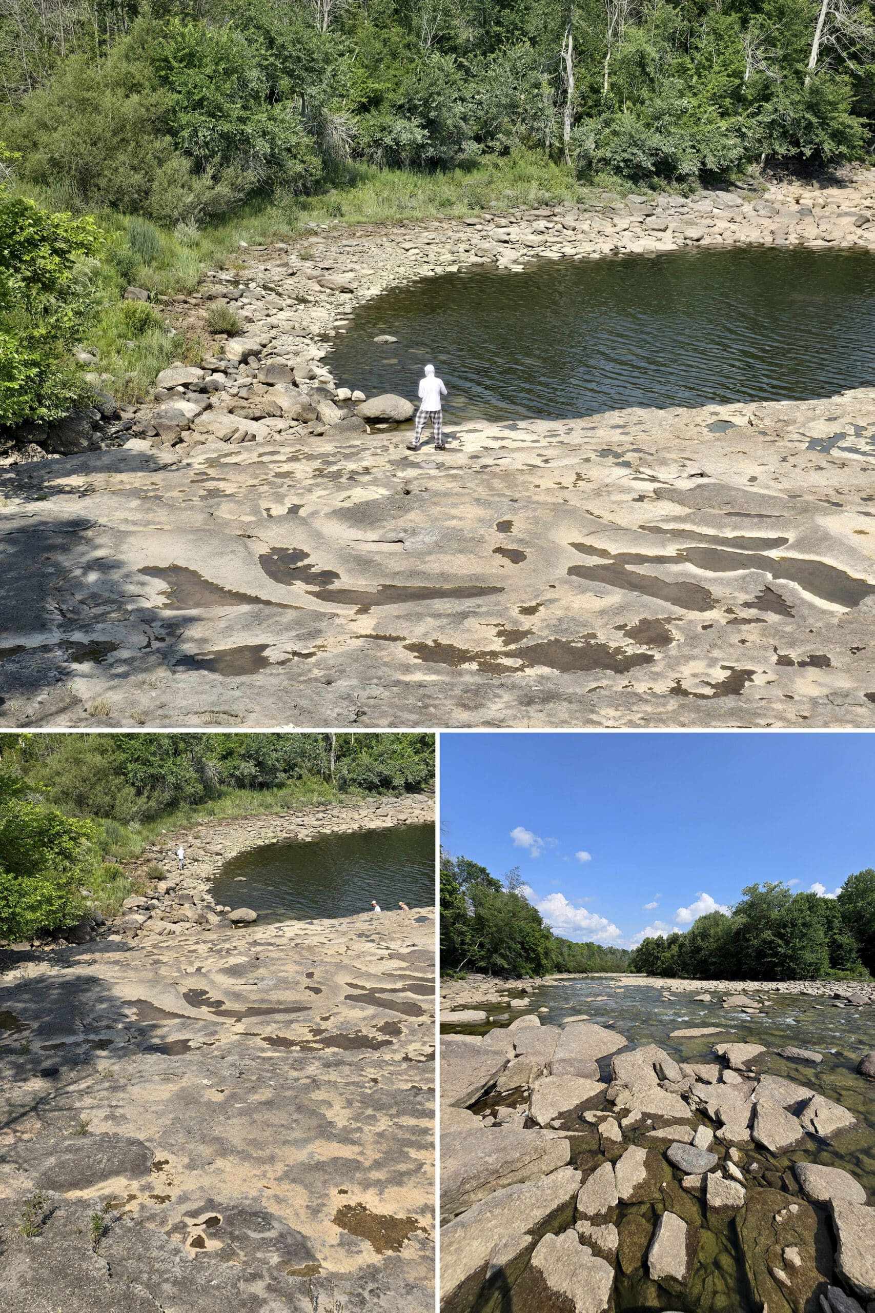 3 part image showing various views of the bottom of Healey Falls, at low flow.