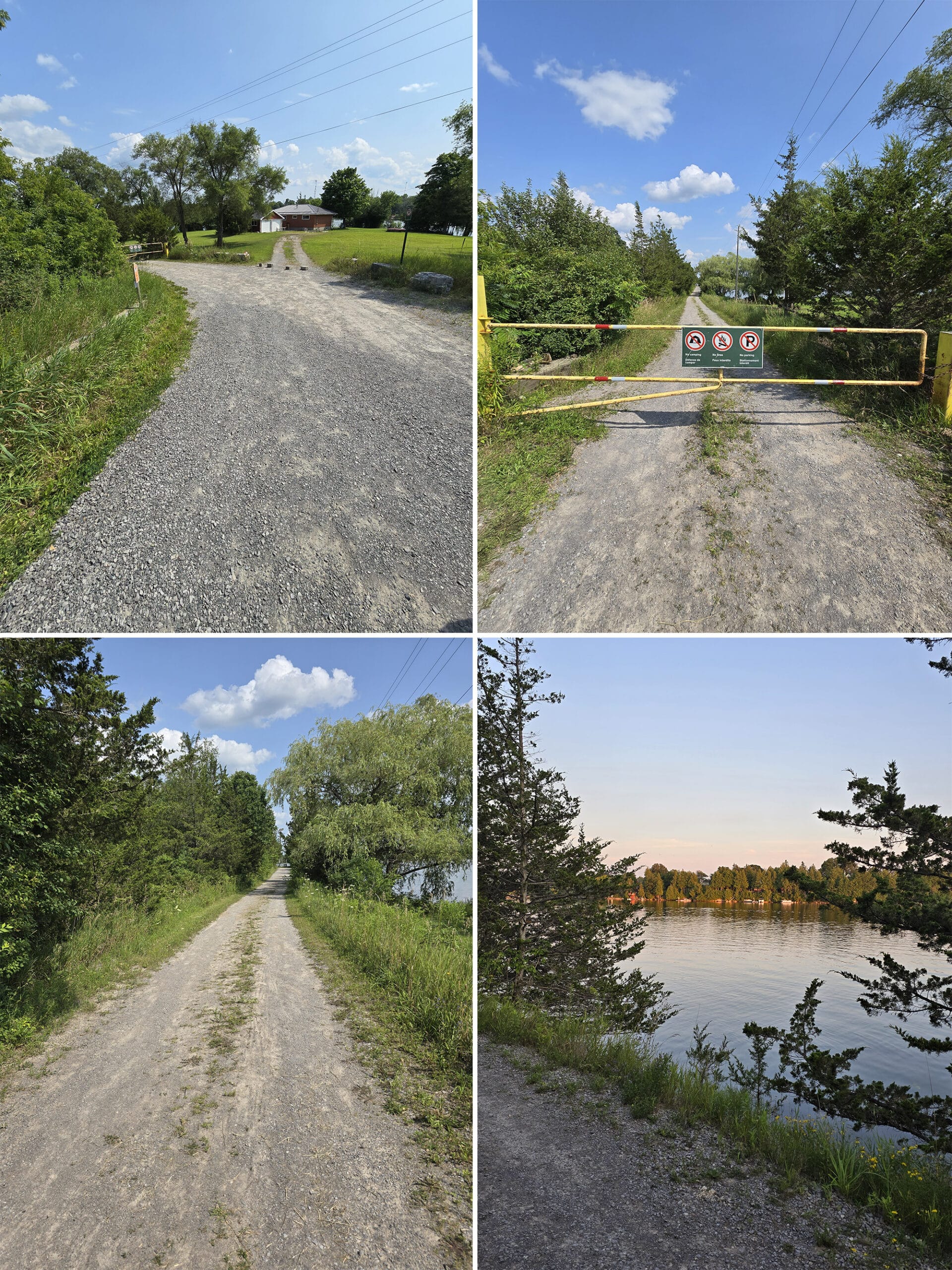 4 part image showing the walking trail from the parking lot to healey falls.