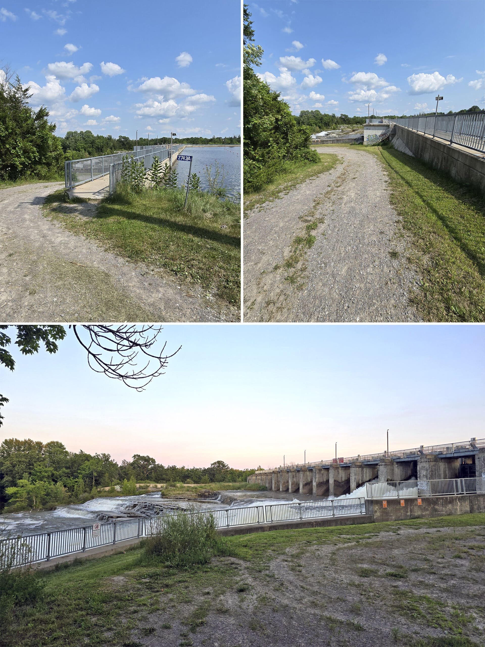 3 part image showing the walking trail from the parking lot to healey falls.