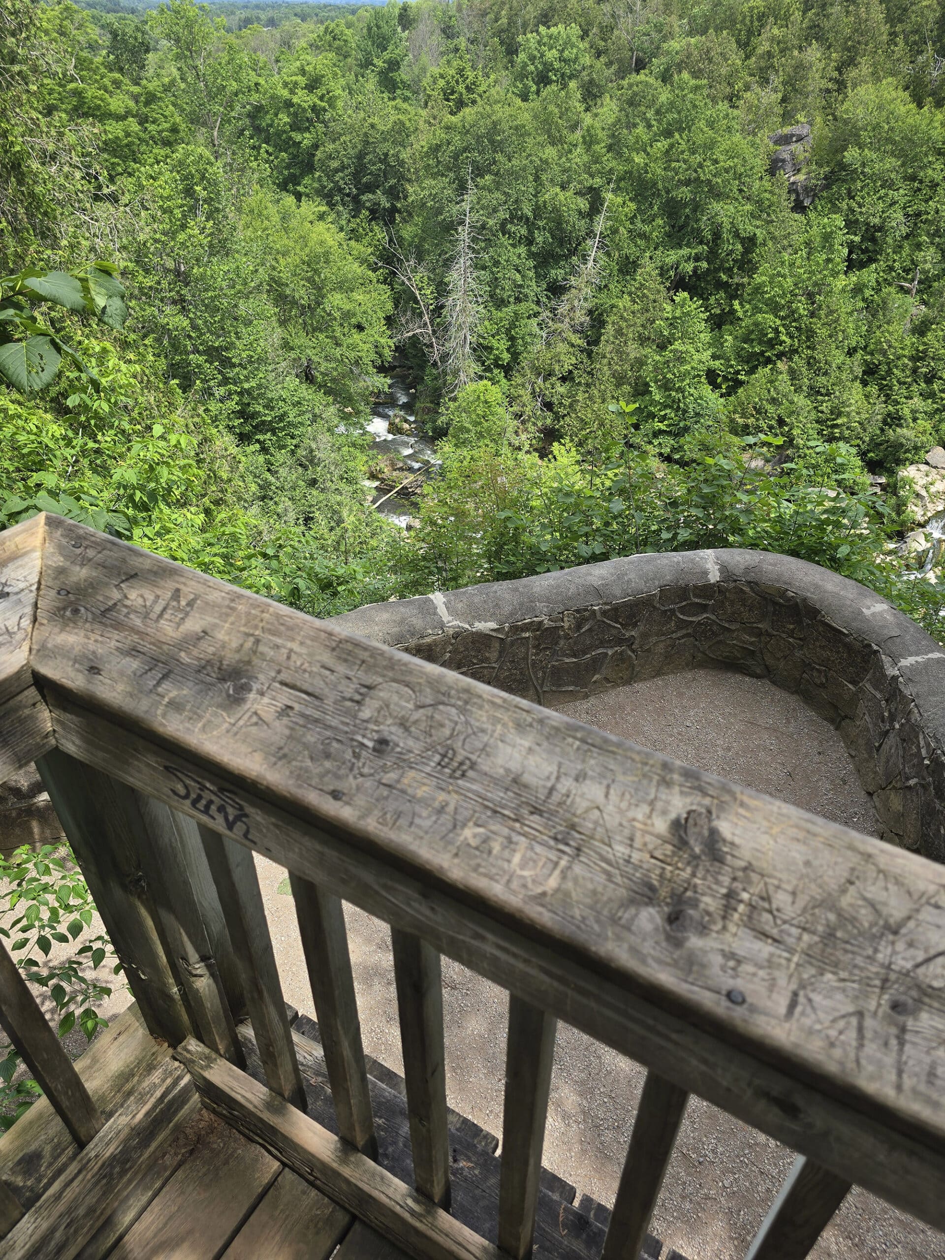 A stone lookout over Inglis Falls.