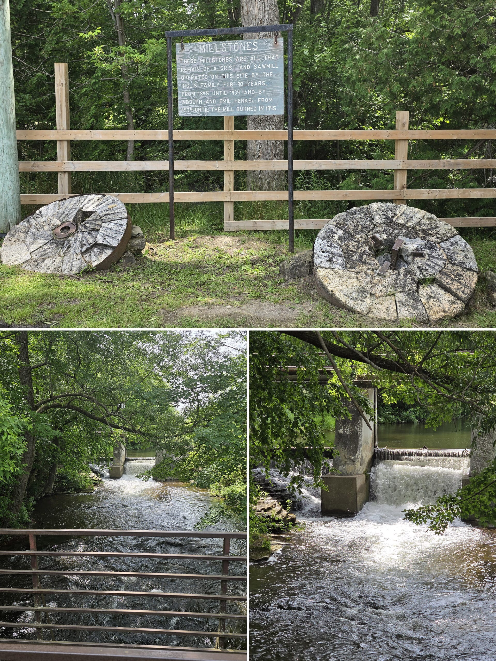 3 part image showing various views of the mill at Inglis Falls.