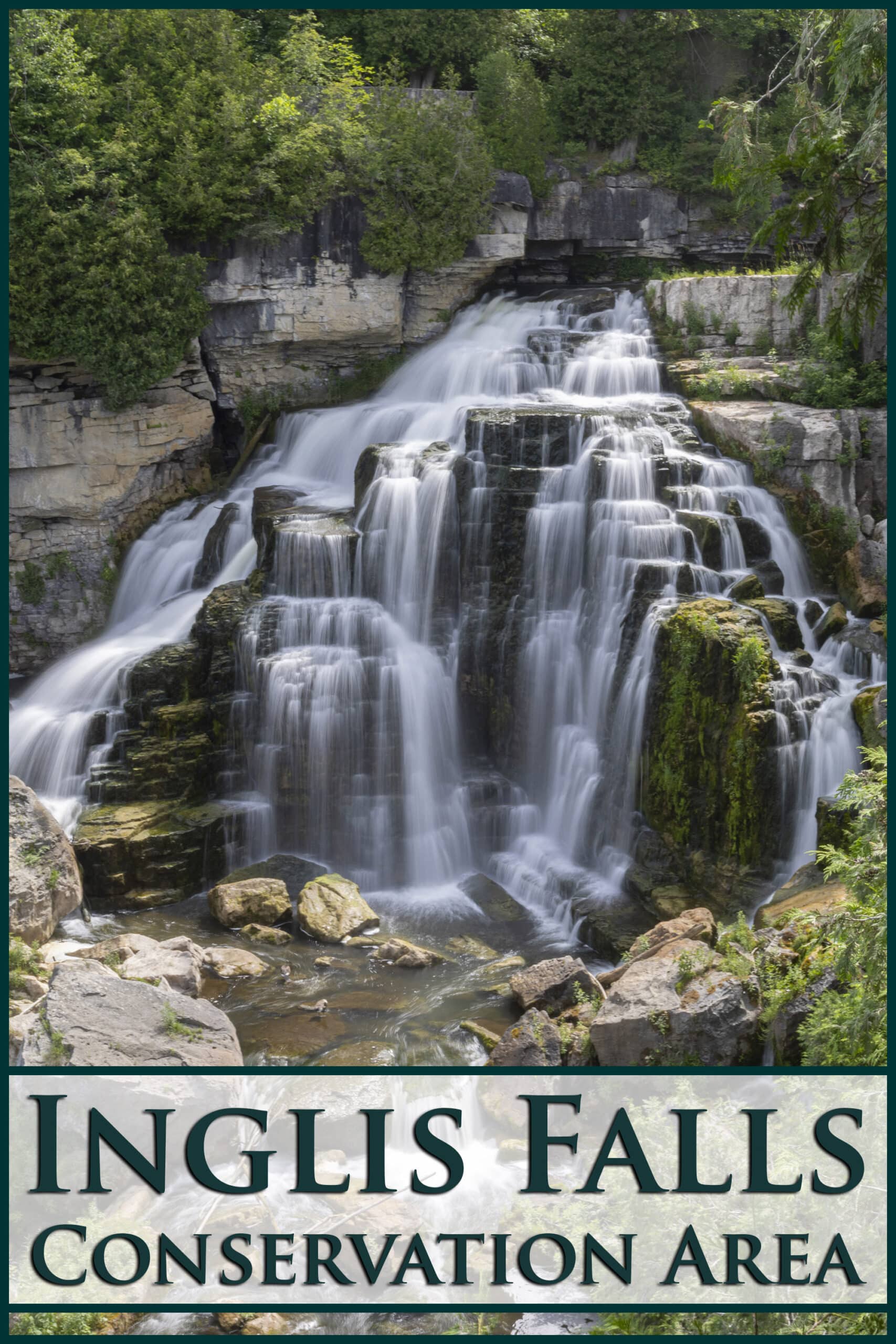 A large waterfall. Overlaid text says Inglis Falls Conservation Area