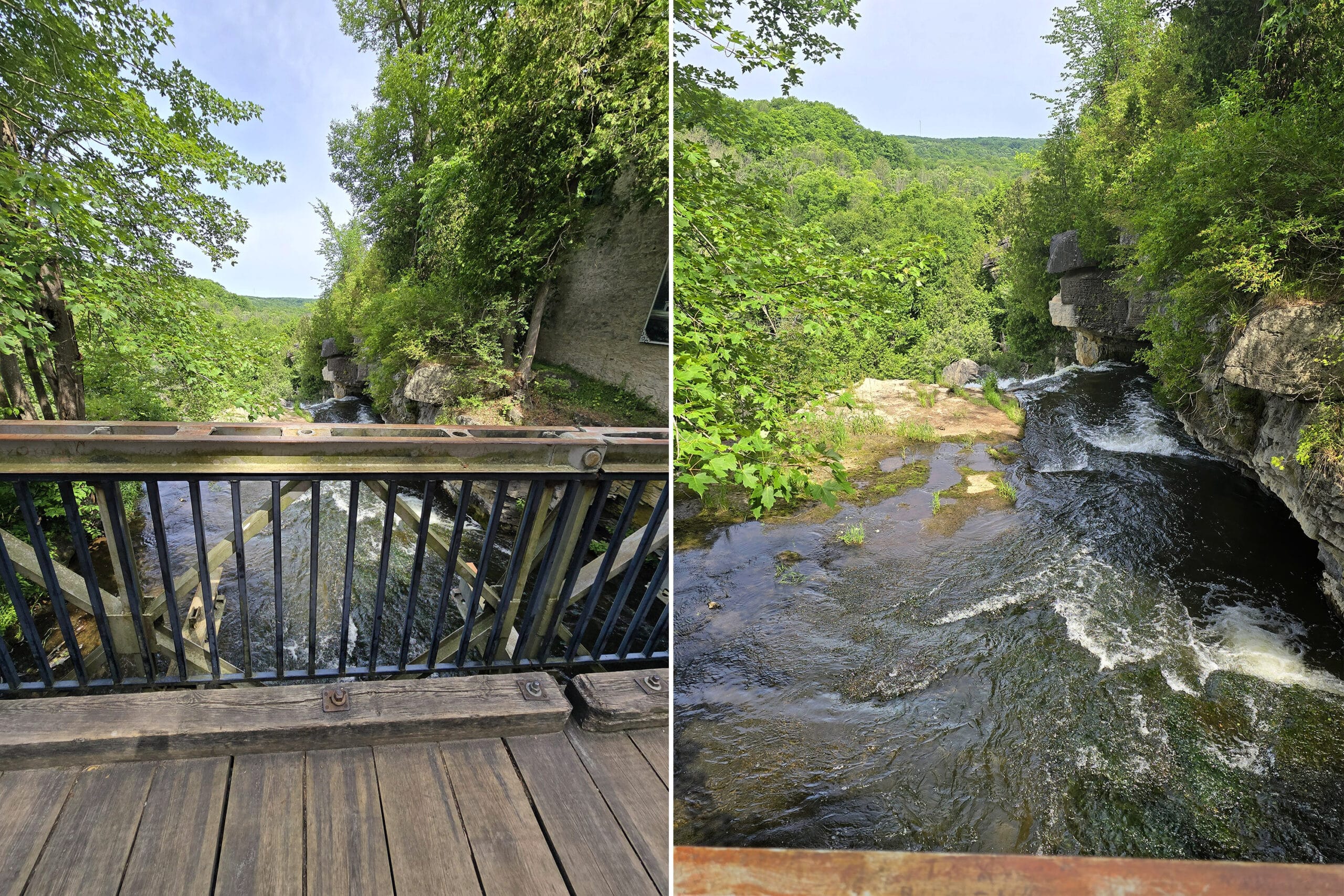 2 part image showing the top of Inglis Falls.