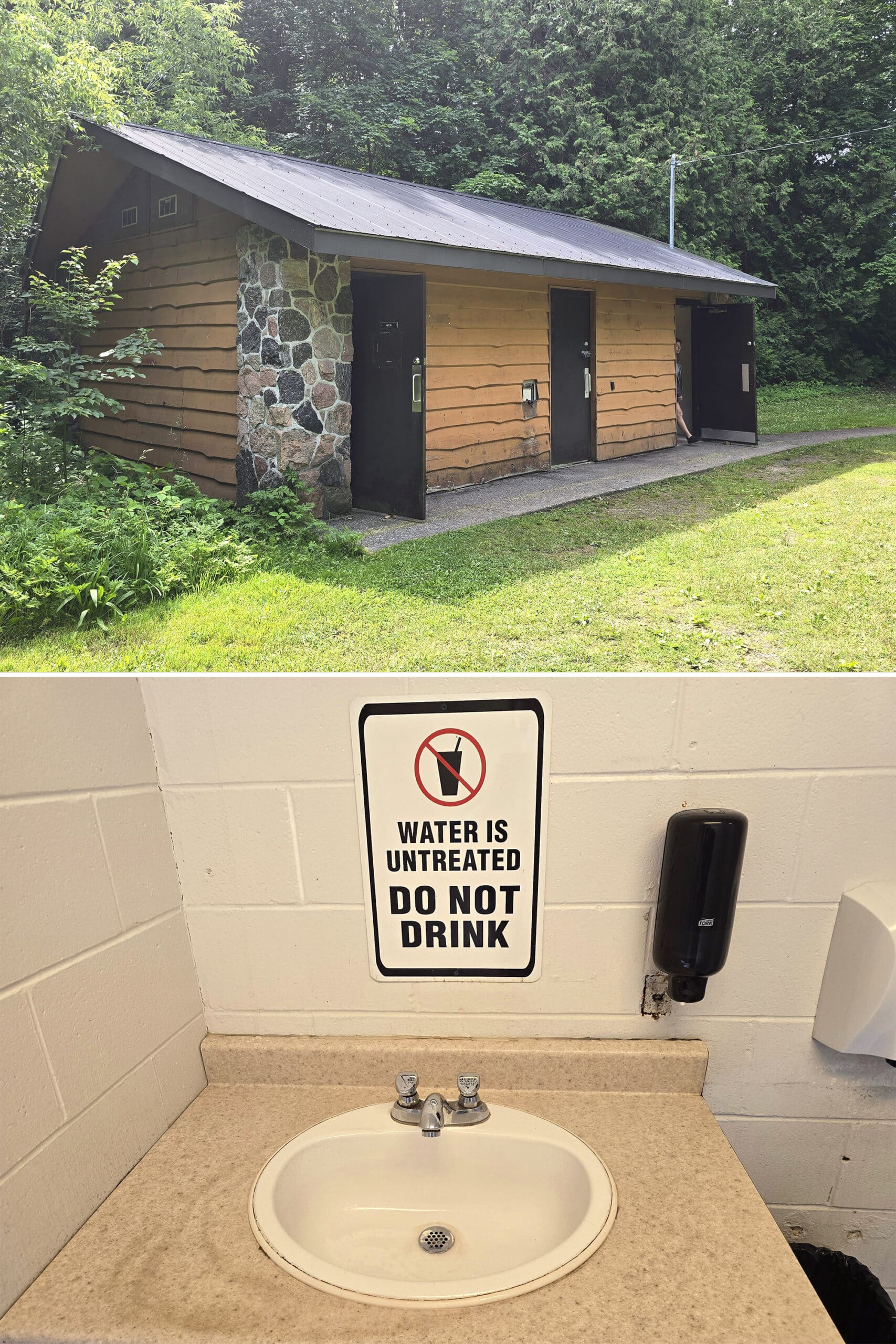 2 part image showing the inside and outside of the washrooms at Inglis Falls Conservation Area.