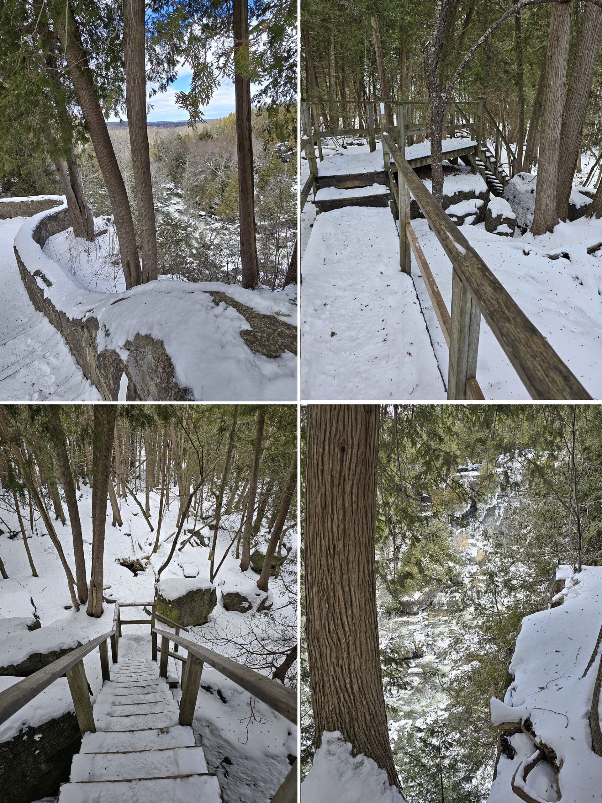 4 part image showing the Inglis Falls Conservation Area trails in winter.