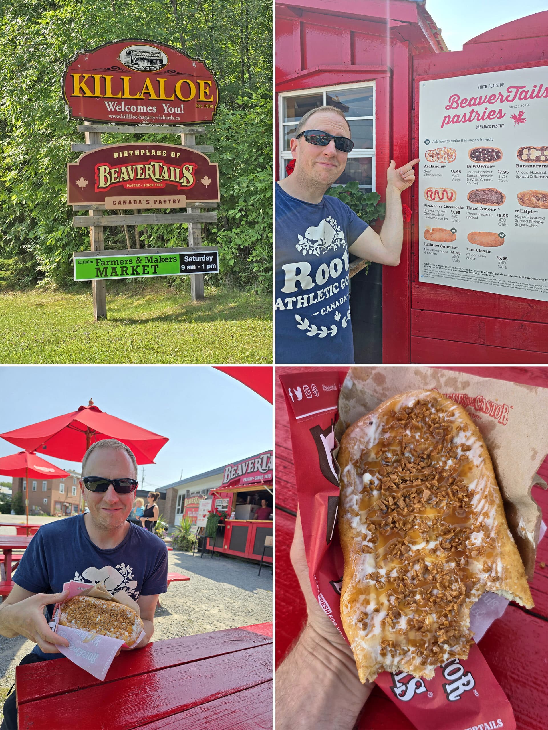 4 part image showing a middle aged white guy getting a Beavertail pastry in Killaloe.