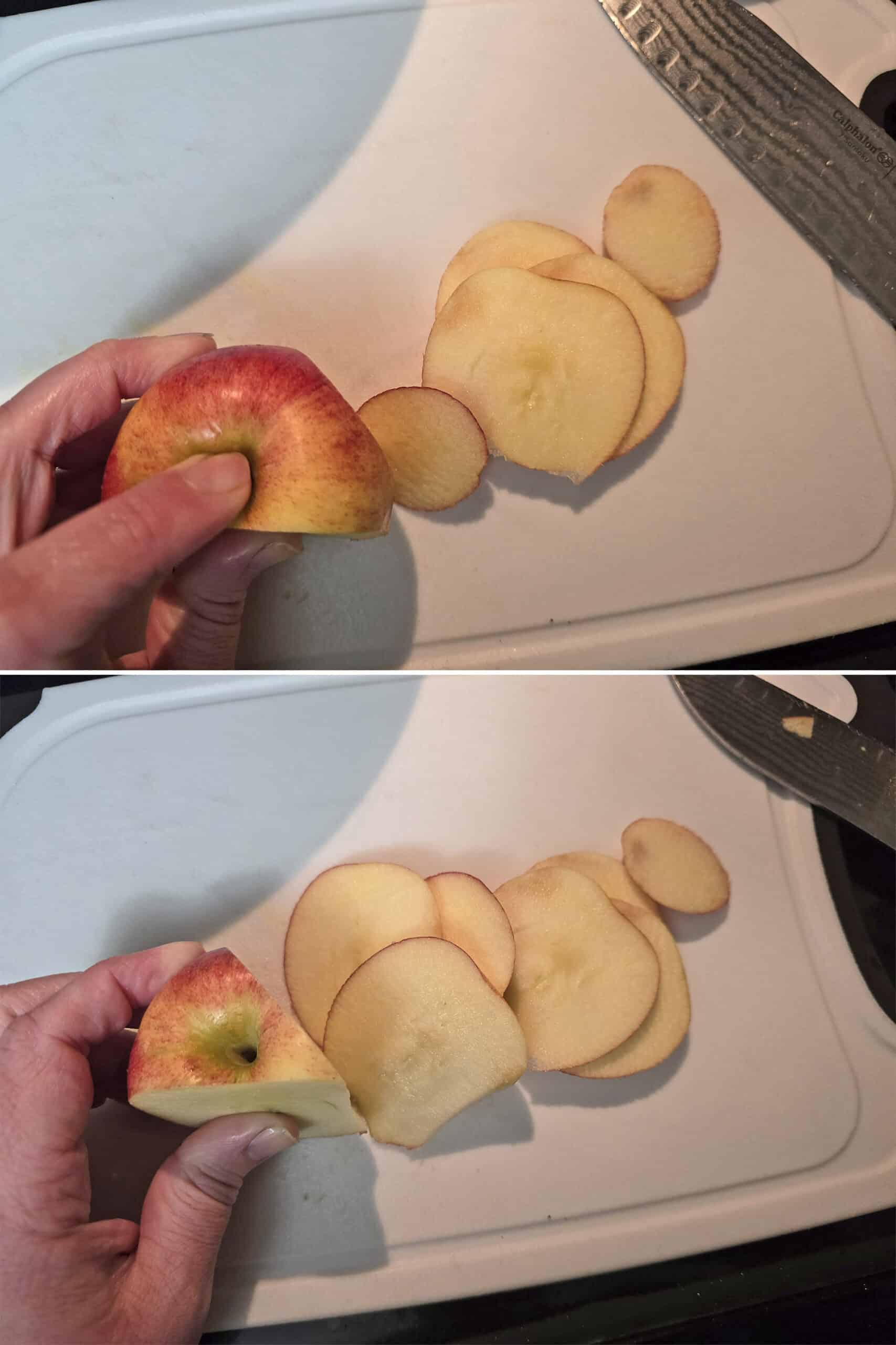 2 part image showing cutting slices off another side of the apple.