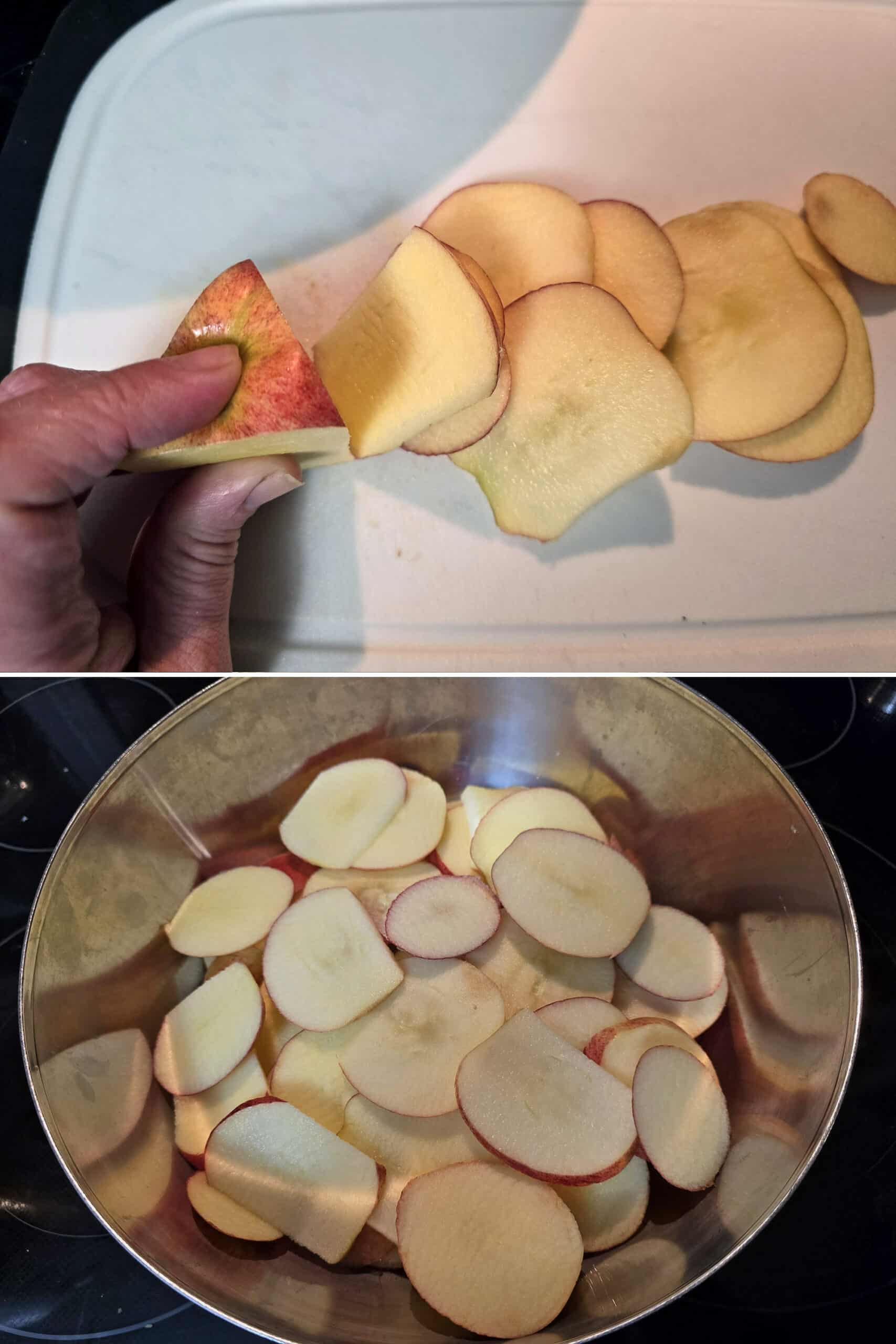 2 part image showing cutting slices off the 3rd side of the apple, then all the slices in a large bowl.