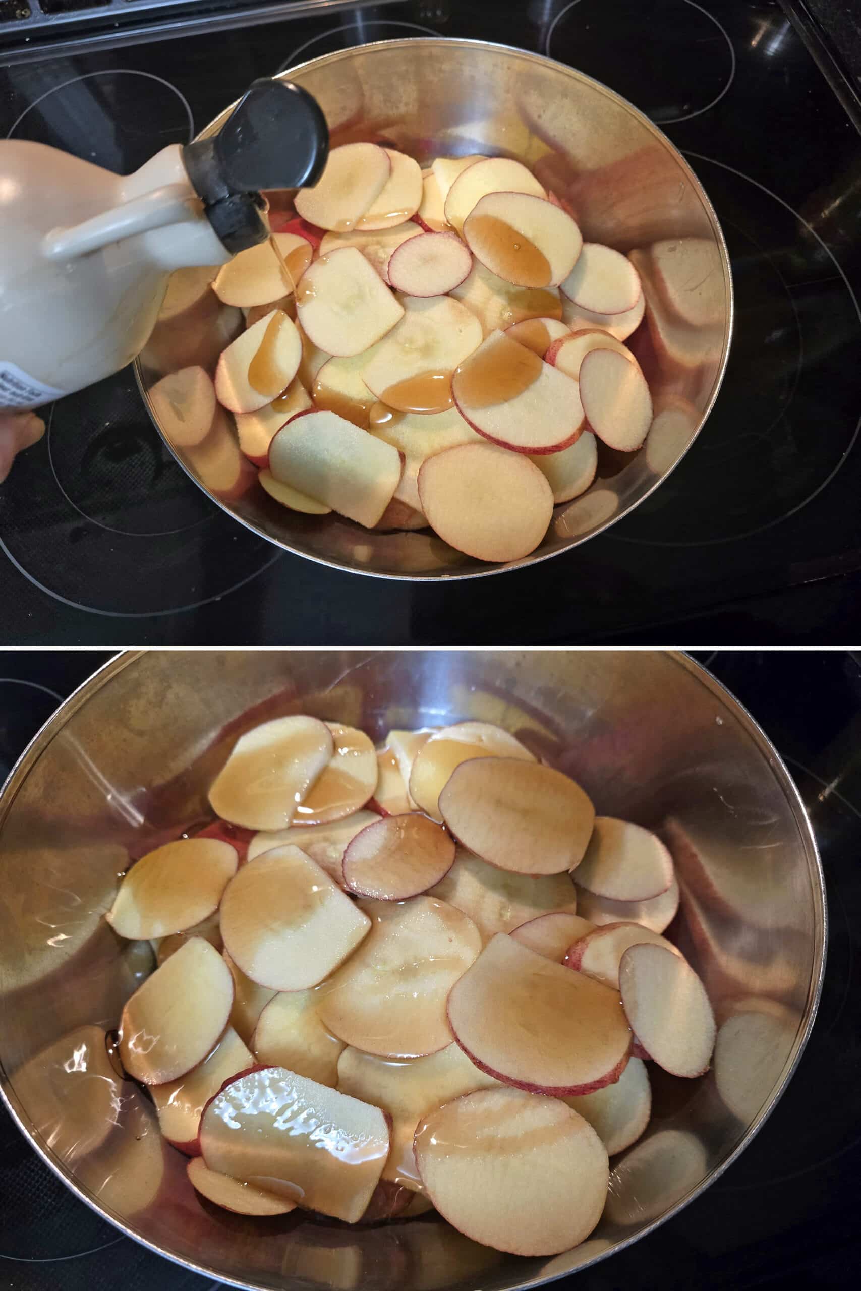 2 part image showing maple syrup being poured over the bowl of apple slices.