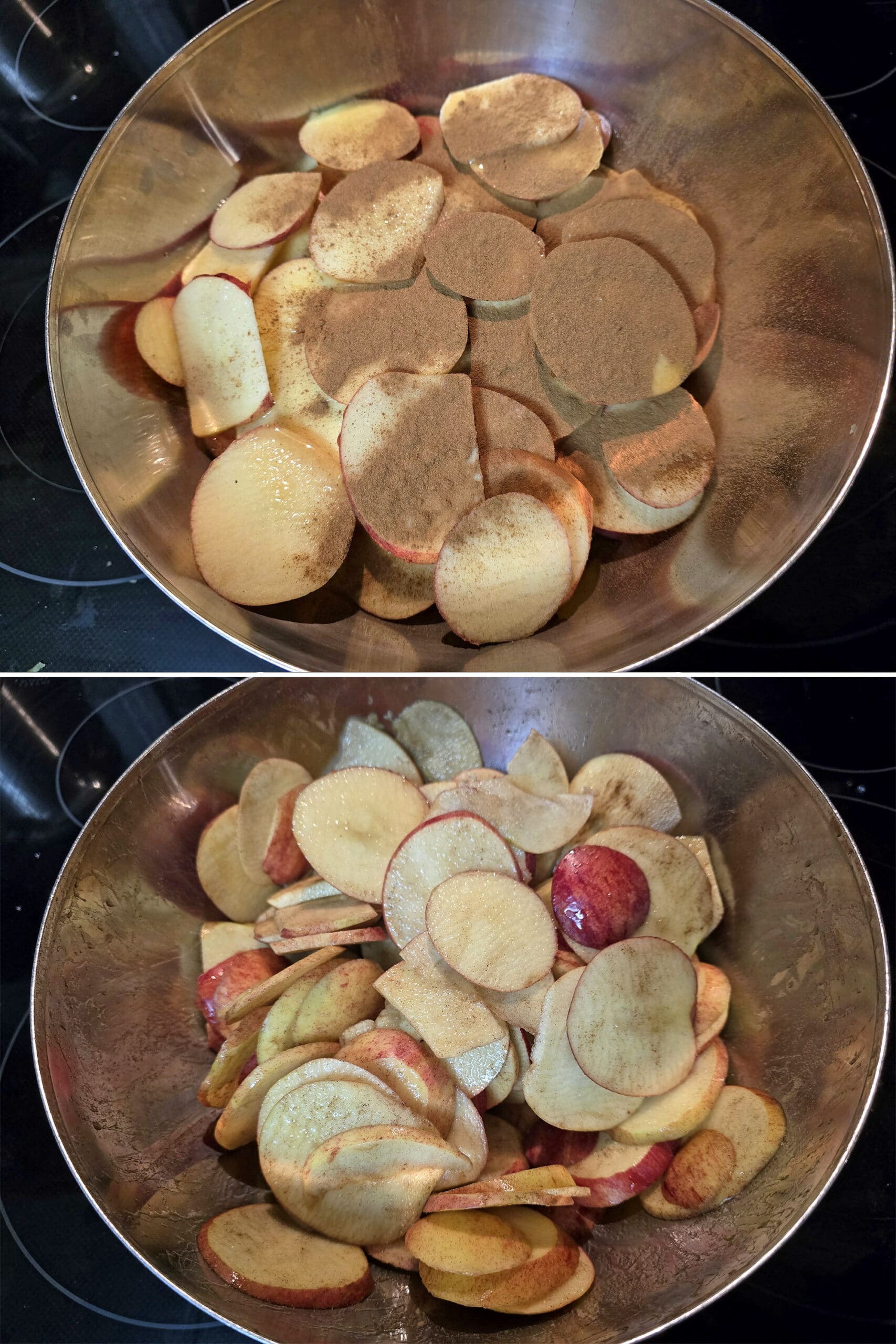 2 part image showing cinnamon added to the bowl of apple slices and mixed in.