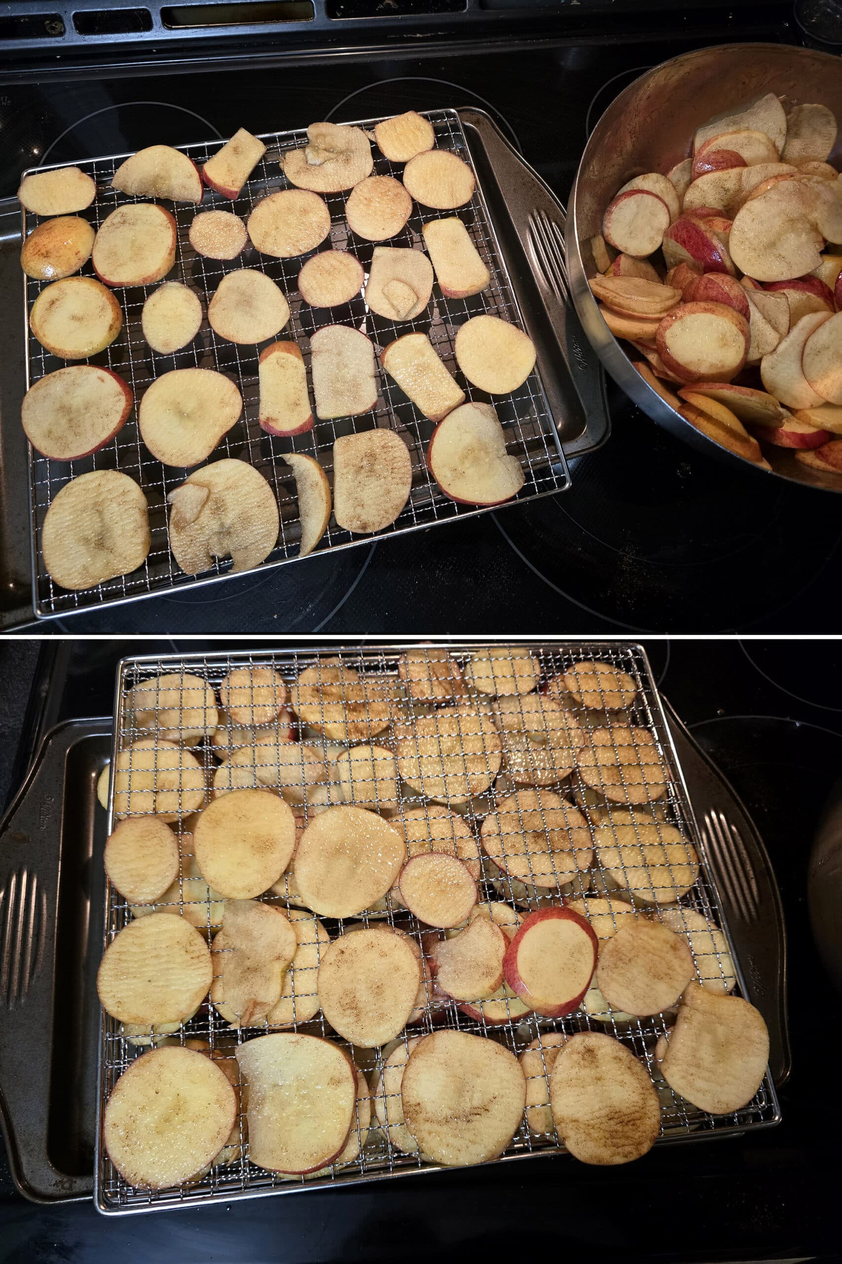 2 part image showing the maple cinnamon apple slices being placed on dehydrator racks.