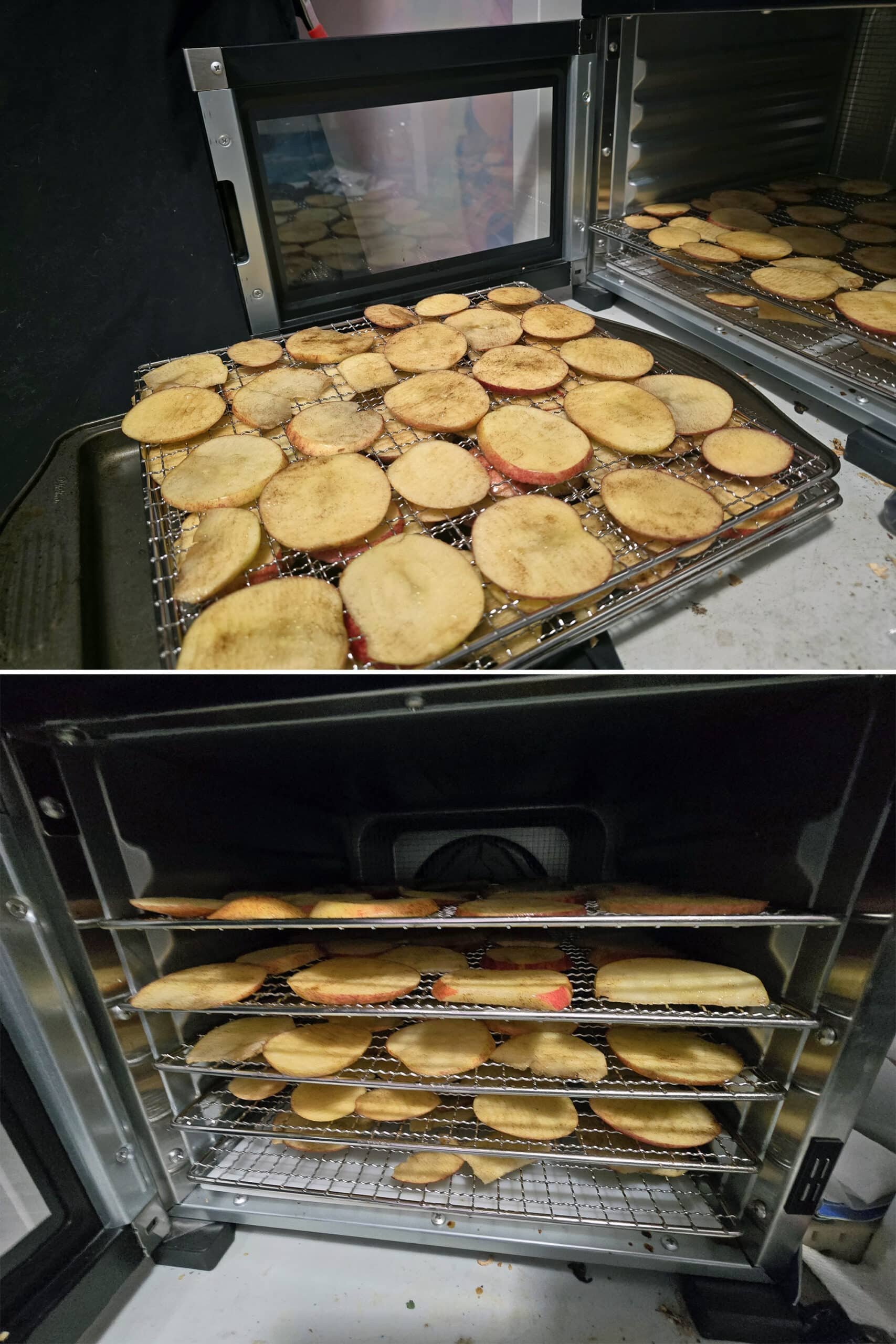 2 part image showing the racks of apples being loaded into a food dehydrator.