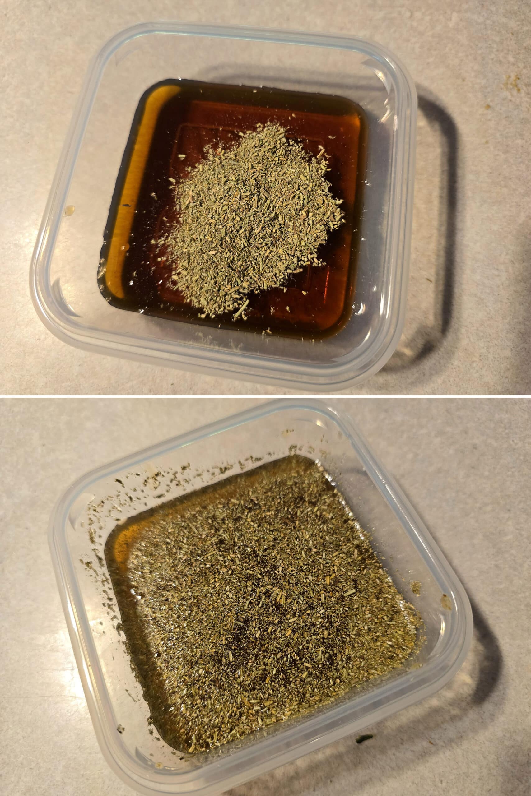 2 part image showing the rosemary maple syrup glaze being mixed in a small bowl.