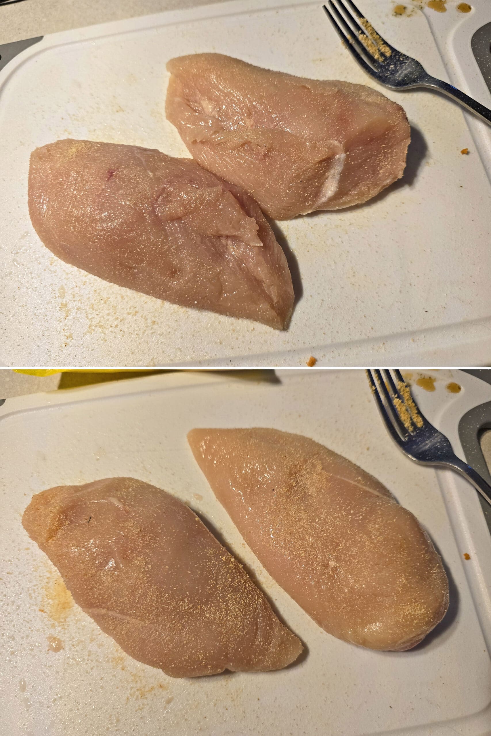 2 part image showing 2 boneless skinless chicken breasts being seasoned with salt, onion powder, and garlic powder.