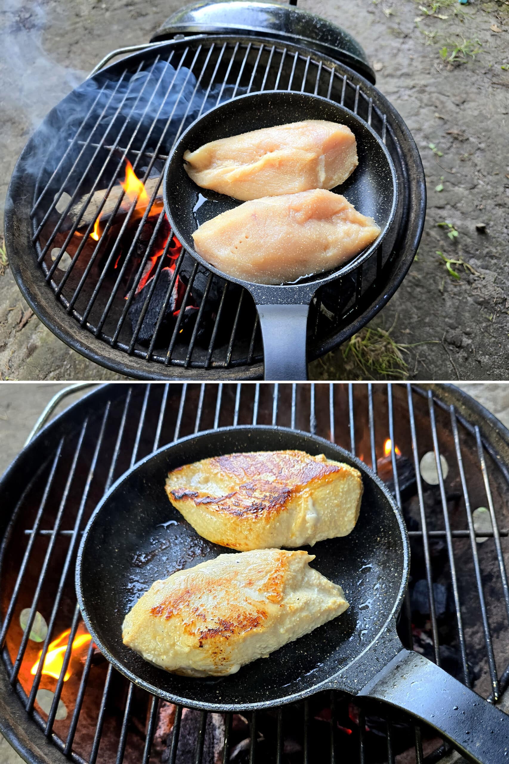 2 part image showing 2 chicken breasts being browned in a small pan over a campfire.