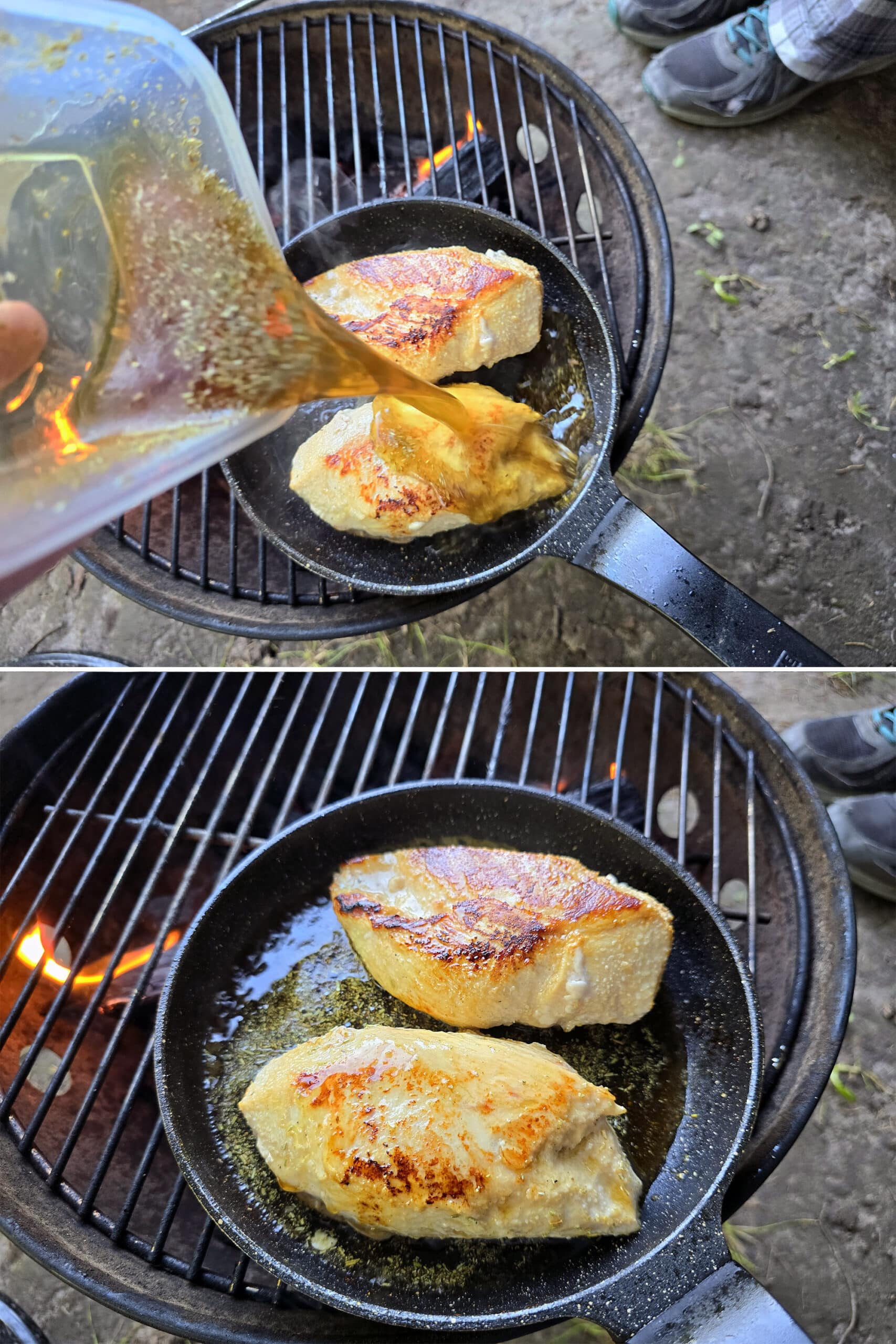 2 part image showing the maple syrup glaze being poured over the chicken breasts.