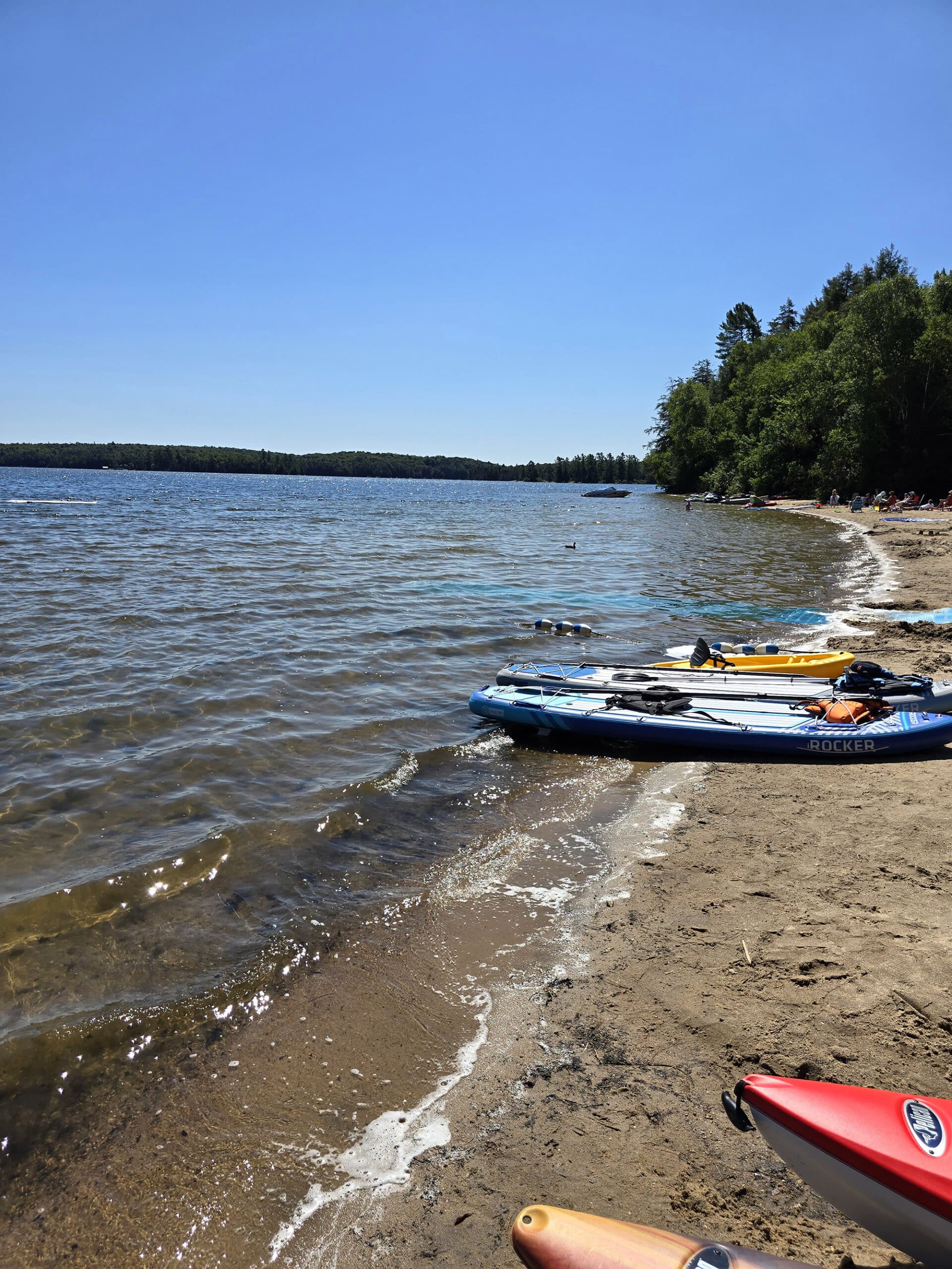 Several Kayaks on the beach at mikisew provincial park.