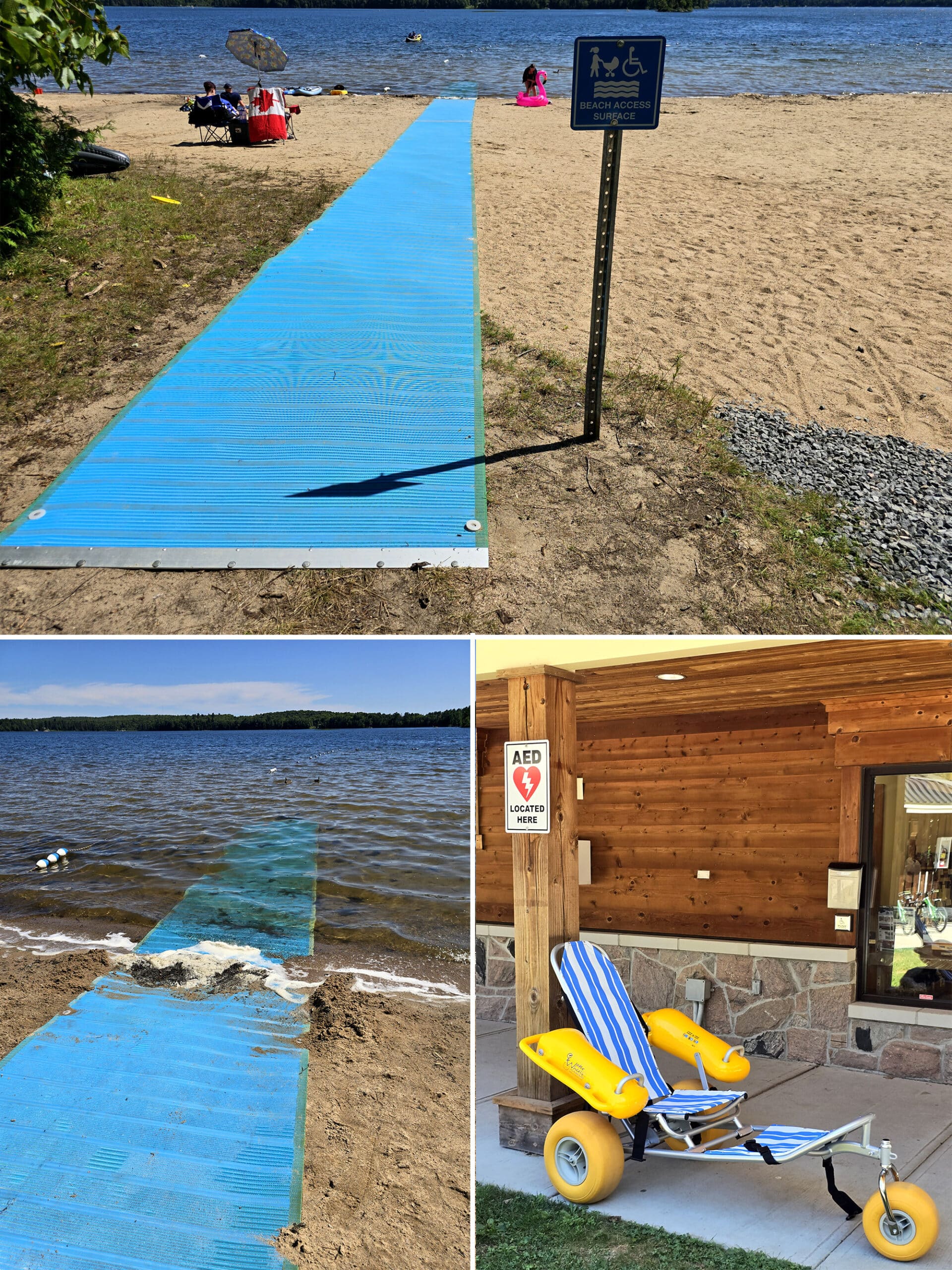 3 part image showing the accessibility beach mat, as well as the all terrain beach wheelchair at mikisew provincial park.