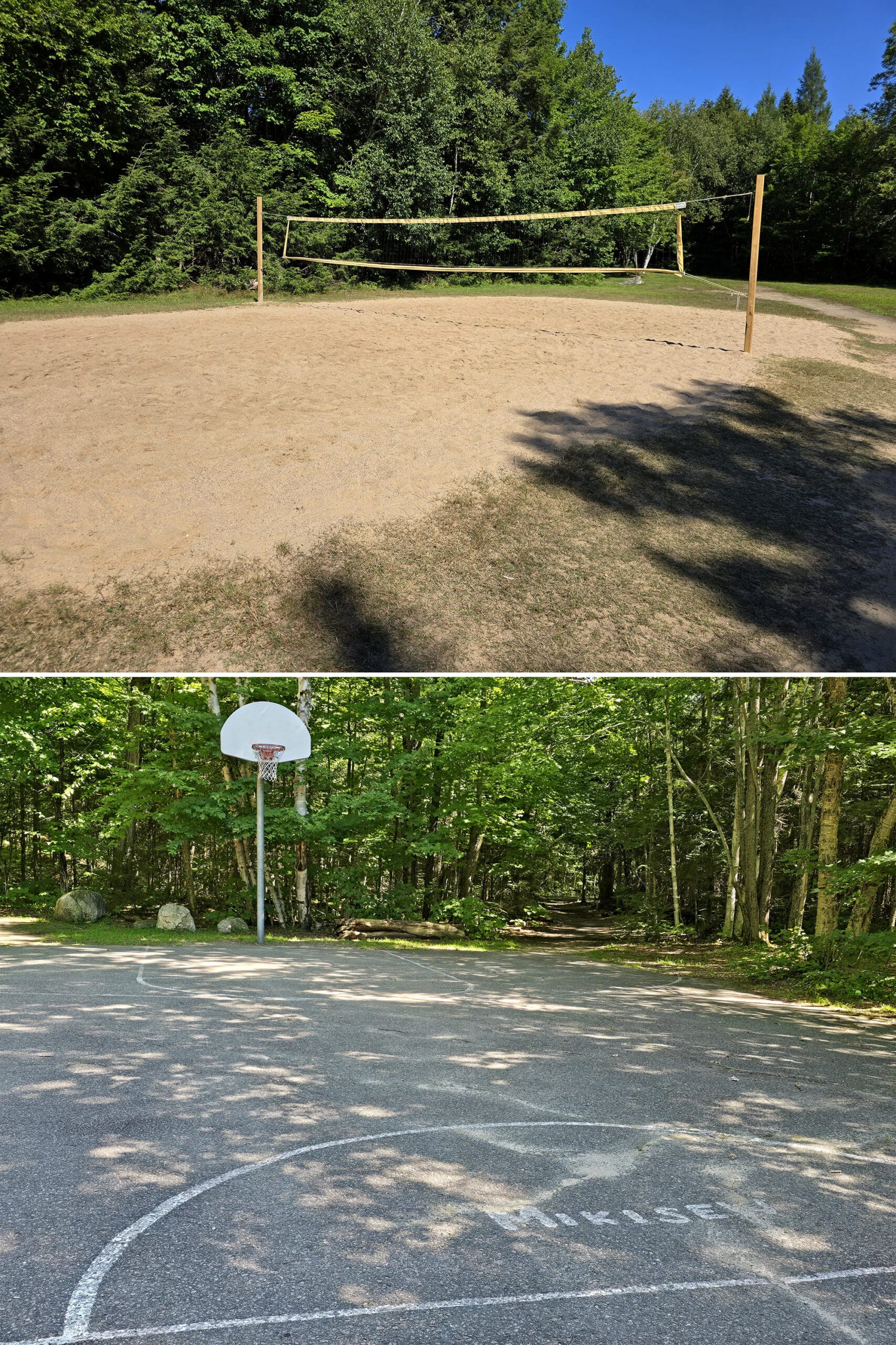 2 part image showing the beach volleyball and basketball courts at Mikisew park.