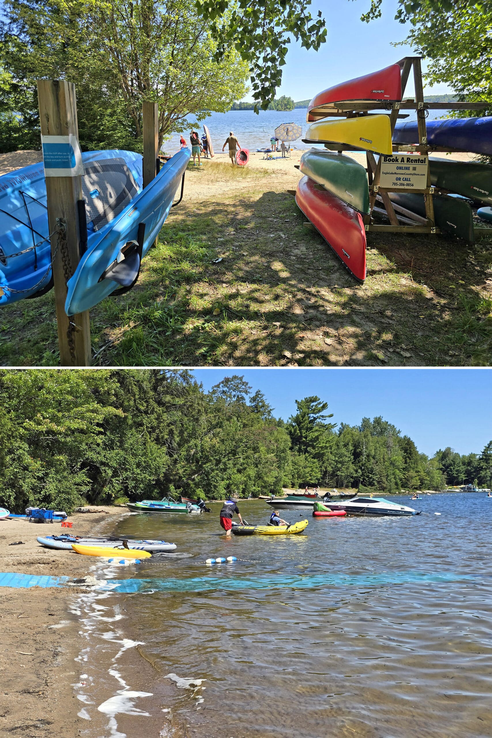 2 part image showing racks of kayaks and canoes, and a beach with lots of them on it.