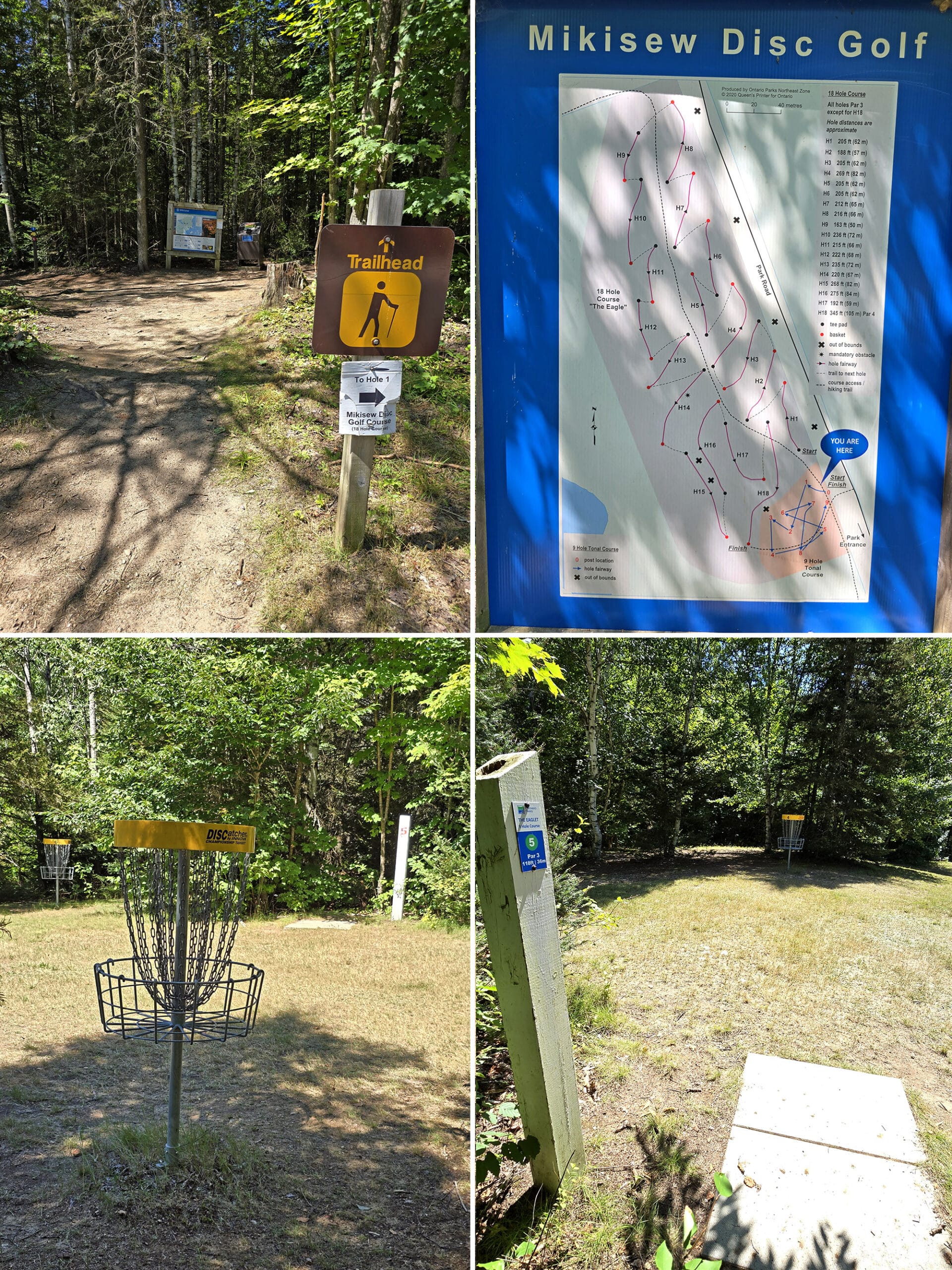 4 part image showing various aspects of the Mikisew Provincial Park disc gold course.