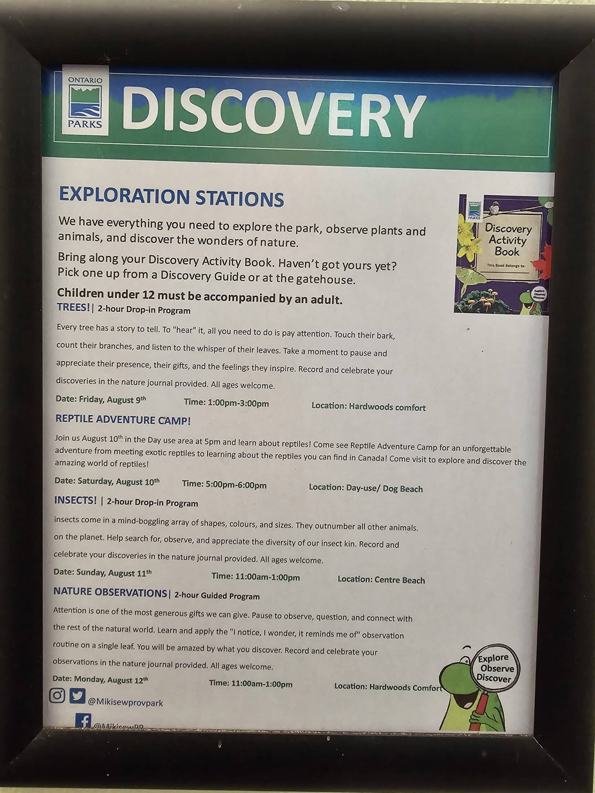 A flyer at Mikisew Provincial Park, listing all of the upcoming discovery program events.