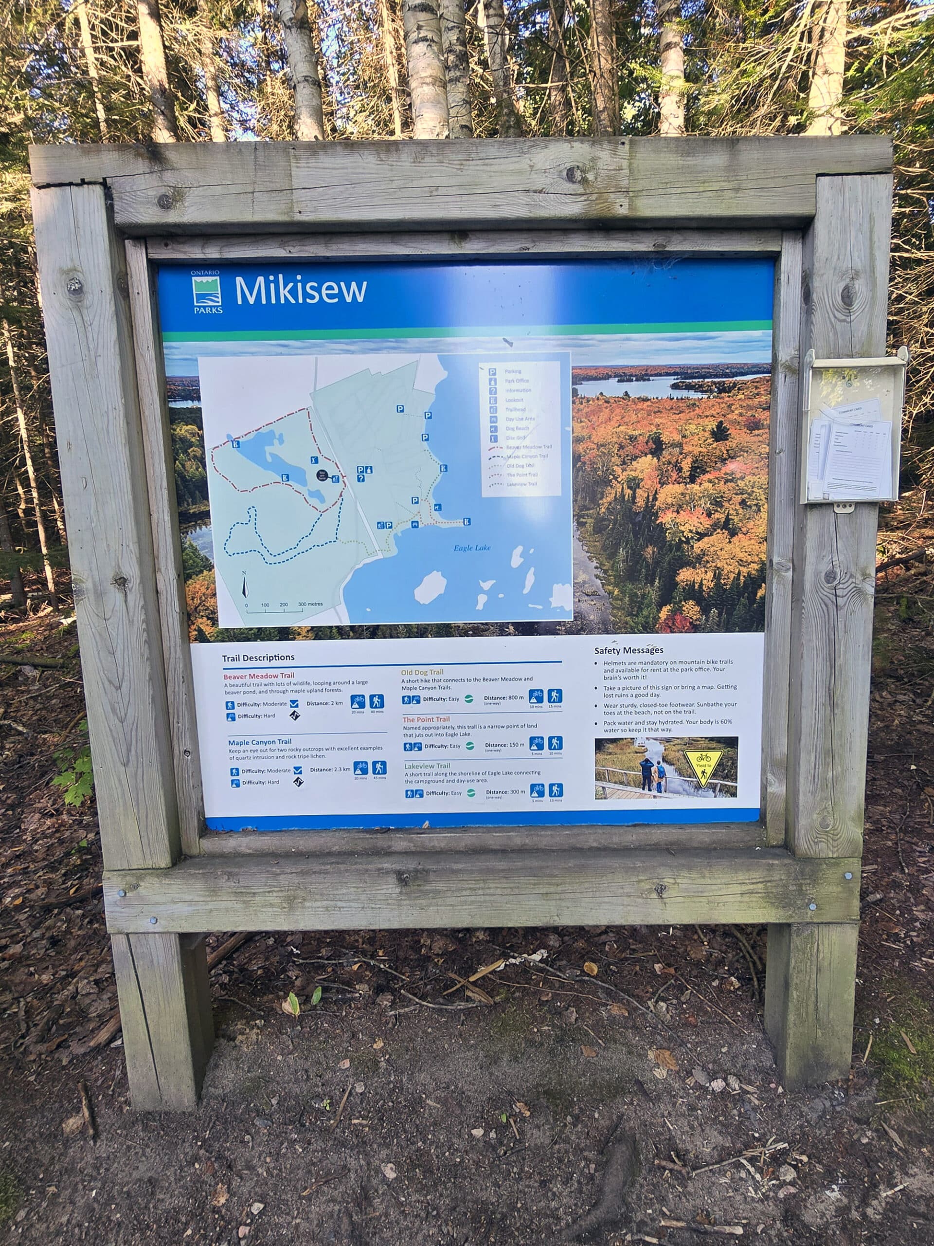 A large outdoor trail map of mikisew provincial park hiking trails.